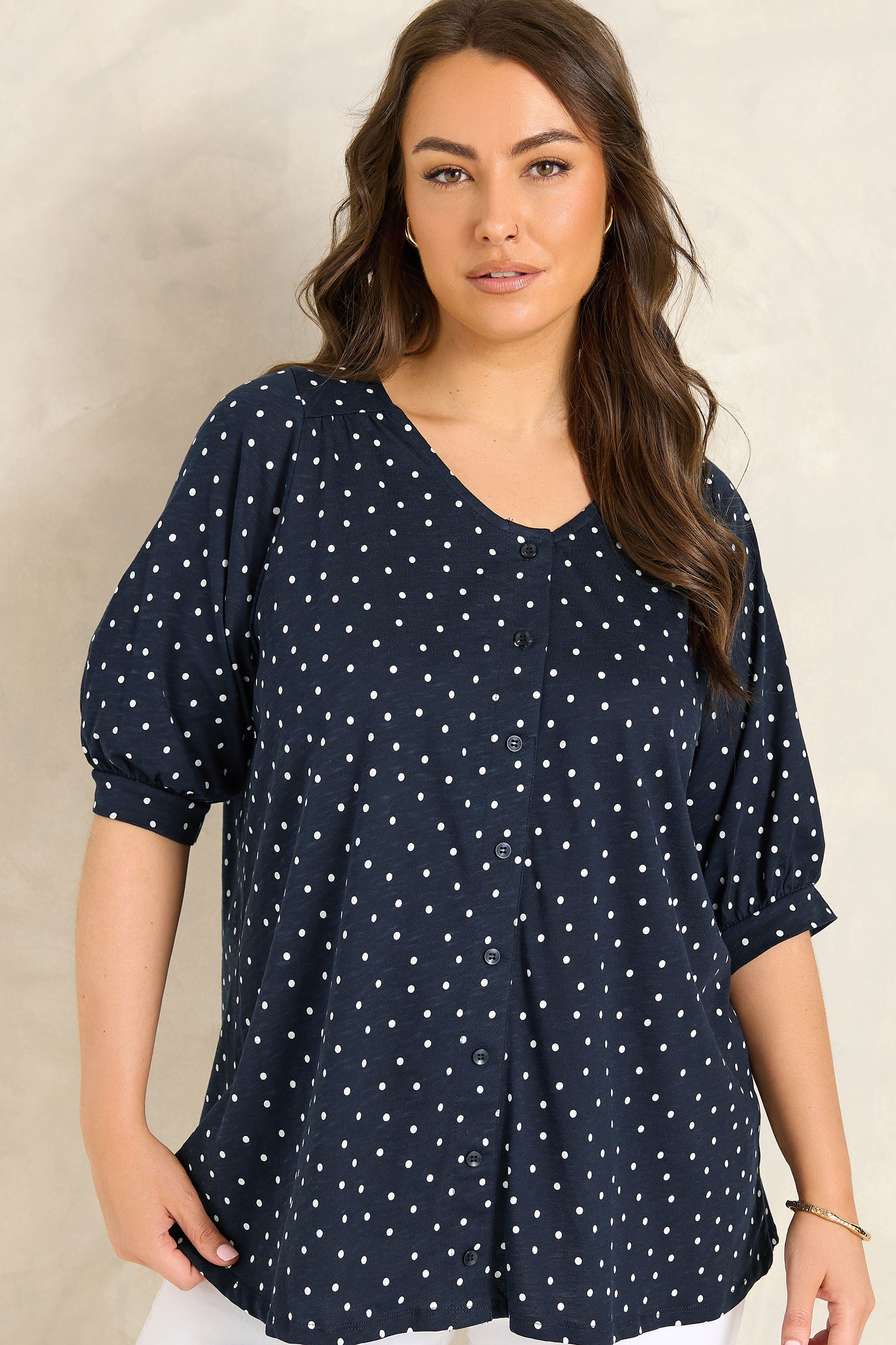 EVANS Curve Navy Blue Polka Dot Cotton Top | Evans 3