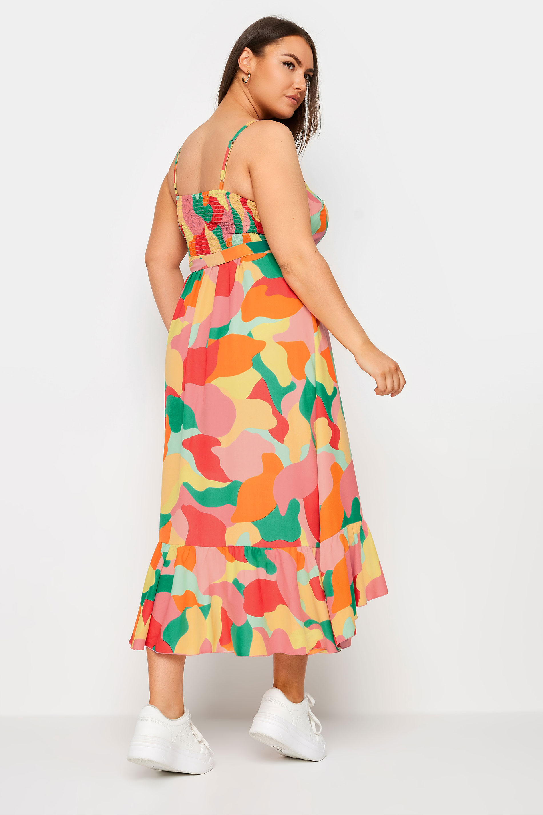 Women Pink Floral Frill Hem Midi Dress
