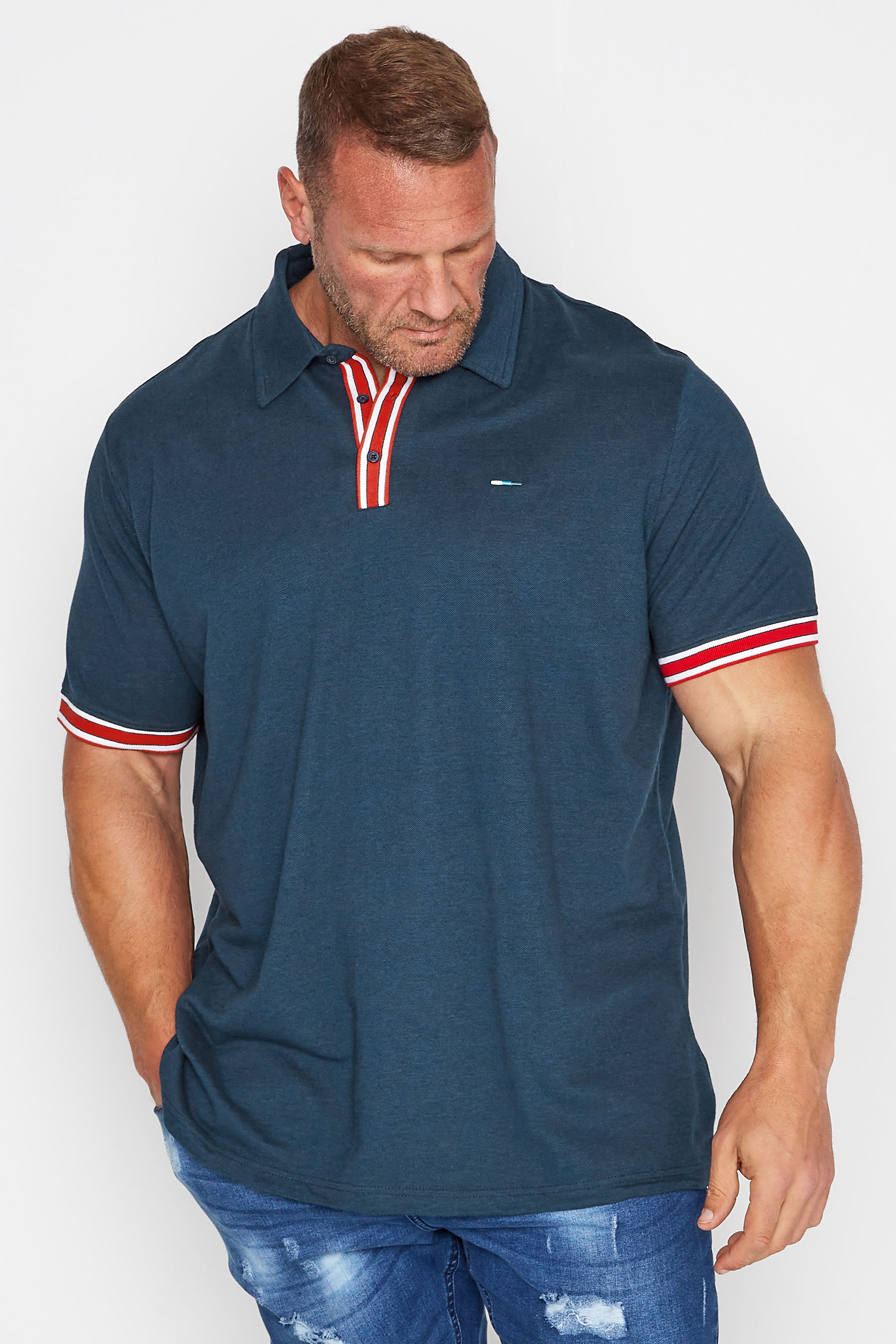 BadRhino Big & Tall Navy Blue Contrast Stripe Placket Polo Shirt 1