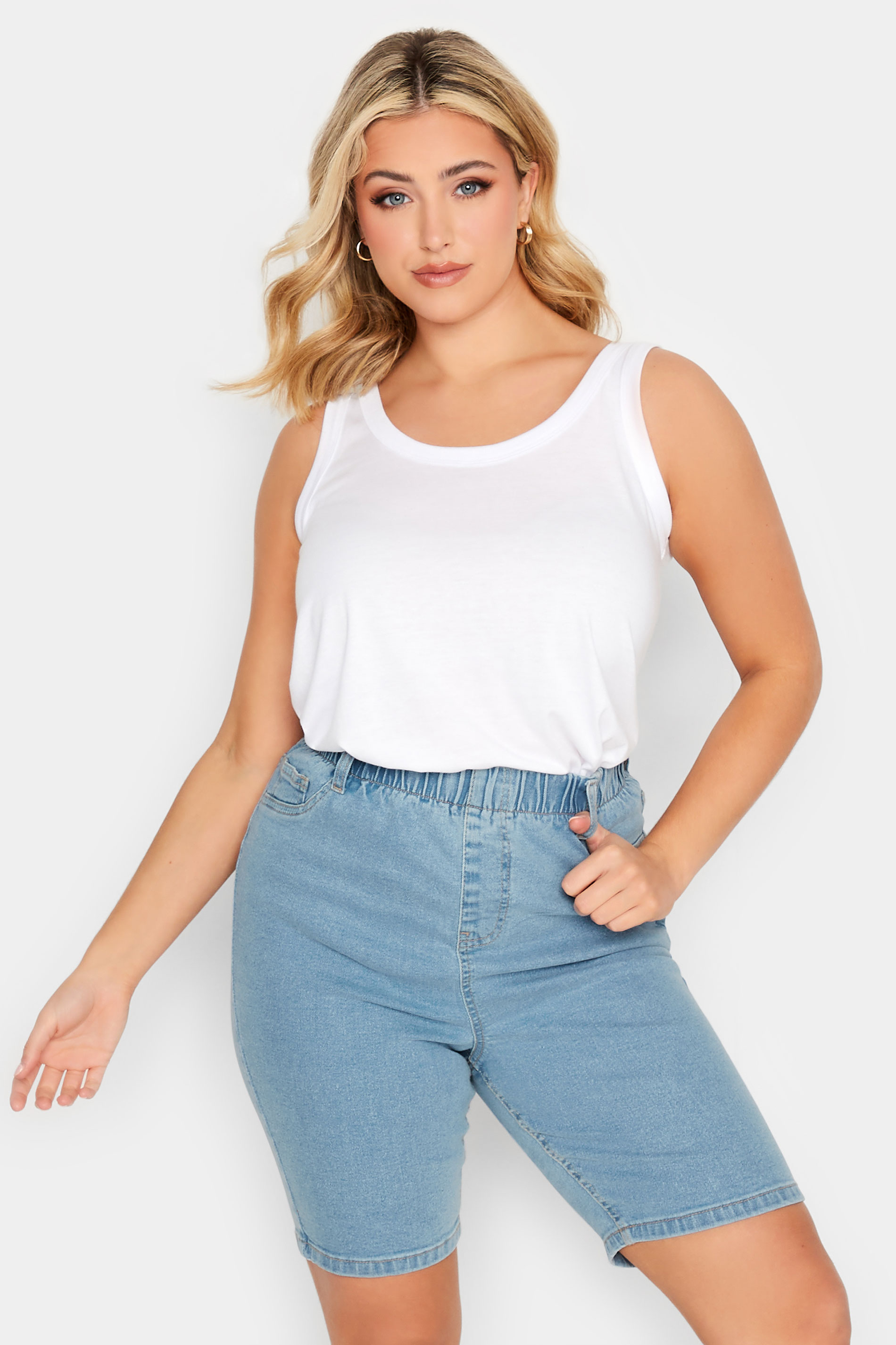 YOURS Plus Size Light Blue Pull On Denim Cycling Shorts | Yours Clothing 1
