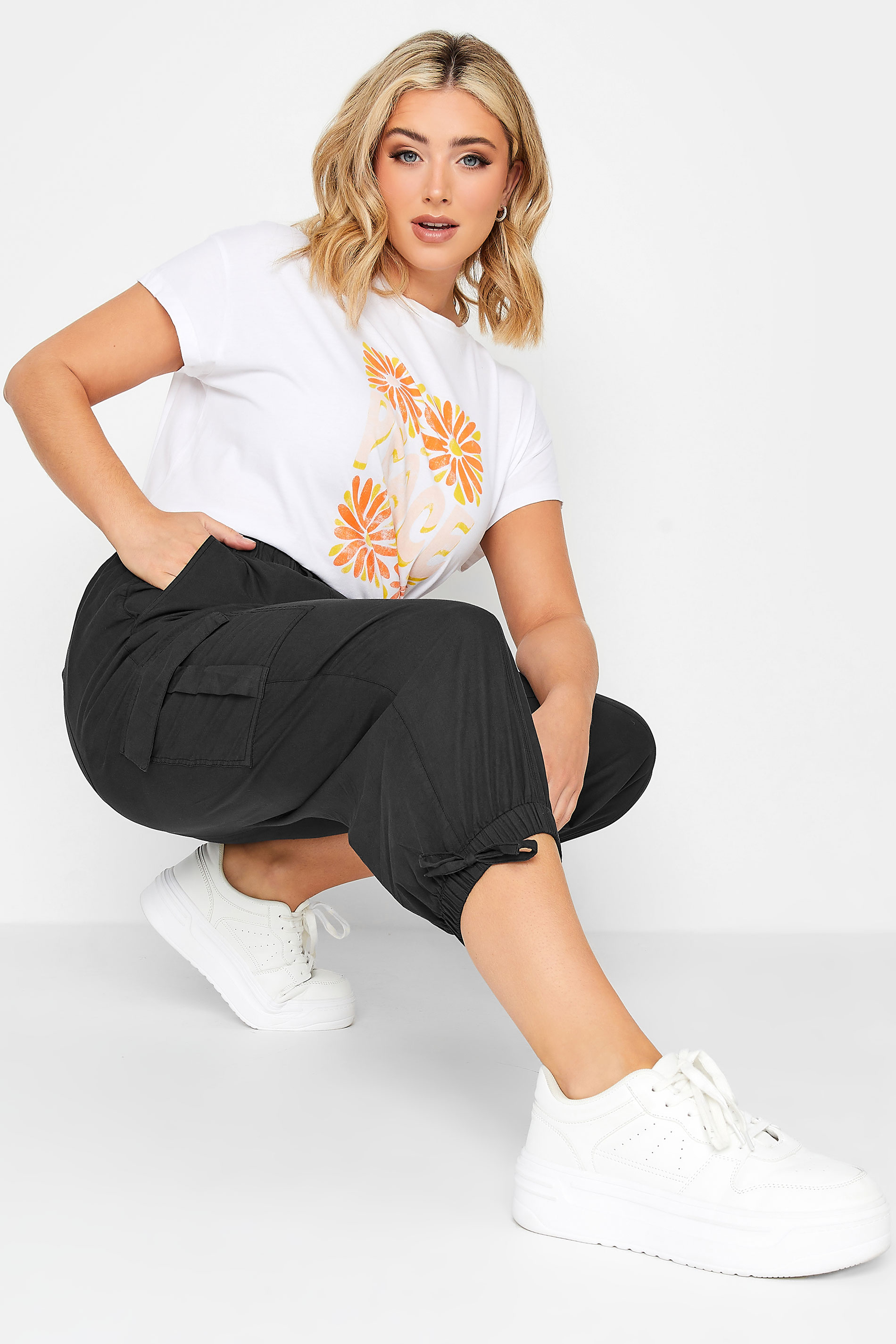 YOURS Curve Plus Size Black Cropped Cargo Trousers | Yours Clothing  3