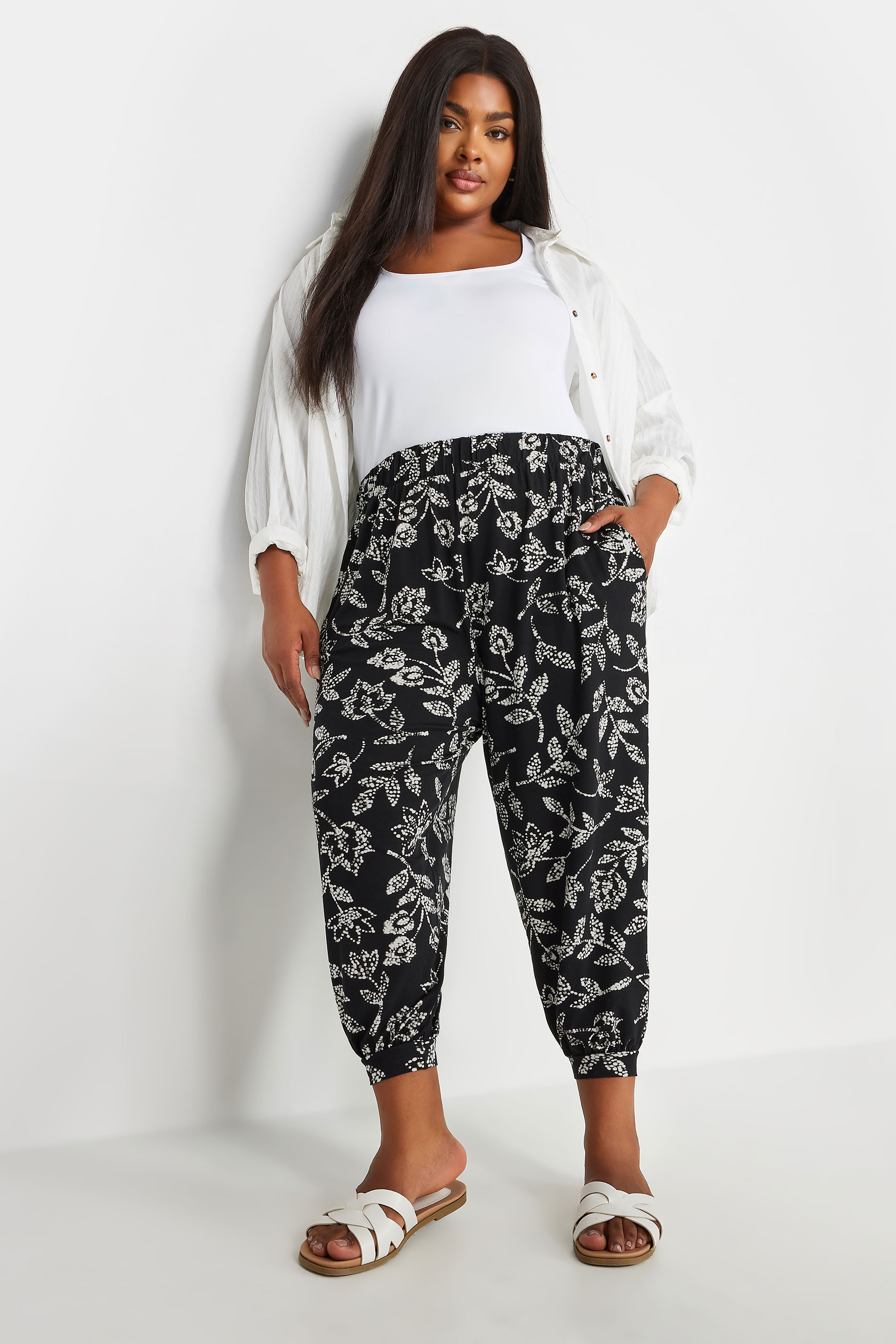 YOURS Plus Size Black Vine Print Cropped Harem Trousers | Yours Clothing 2