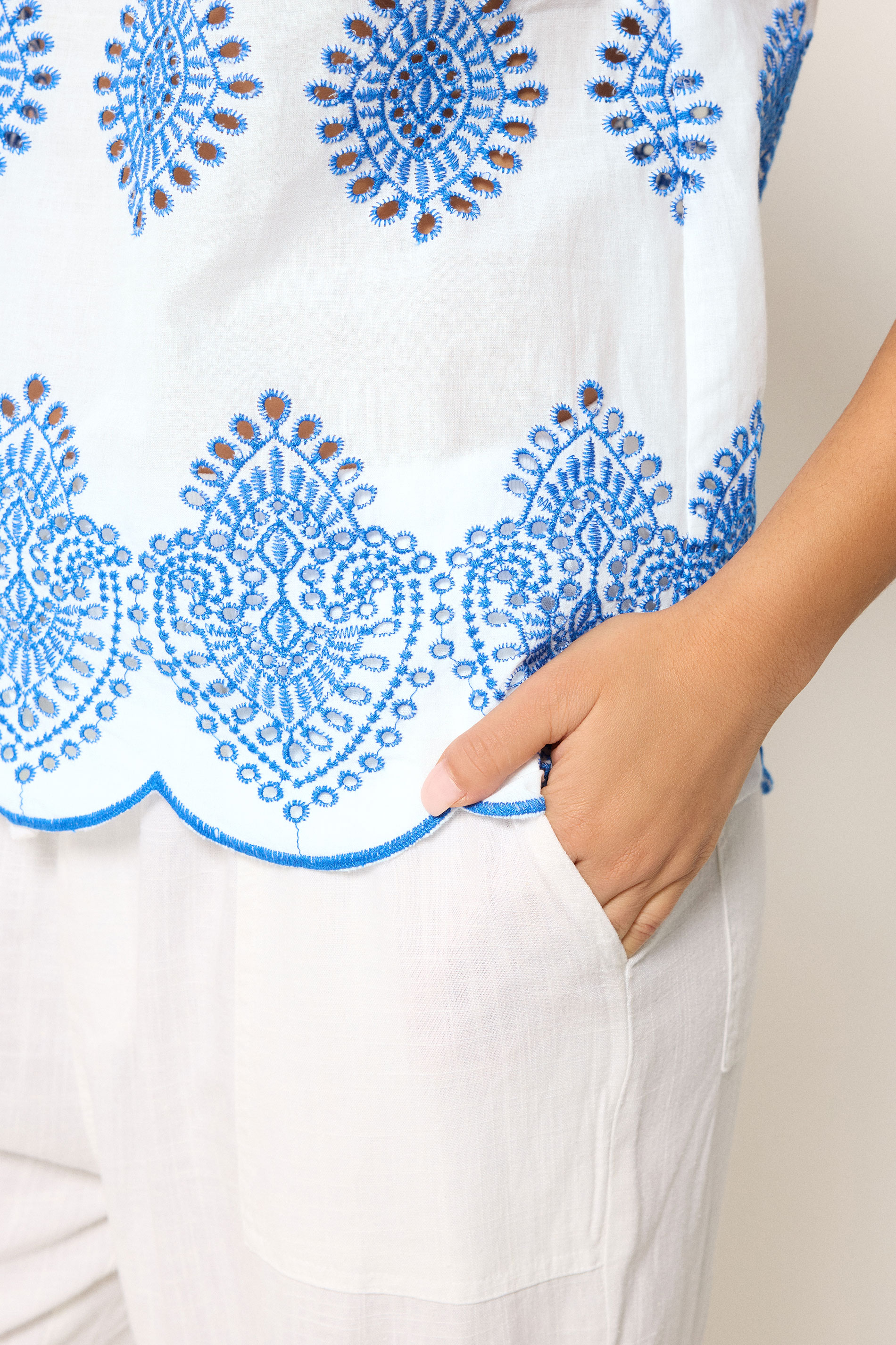 M&Co Petite White & Blue Broderie Cotton Top | M&Co 4