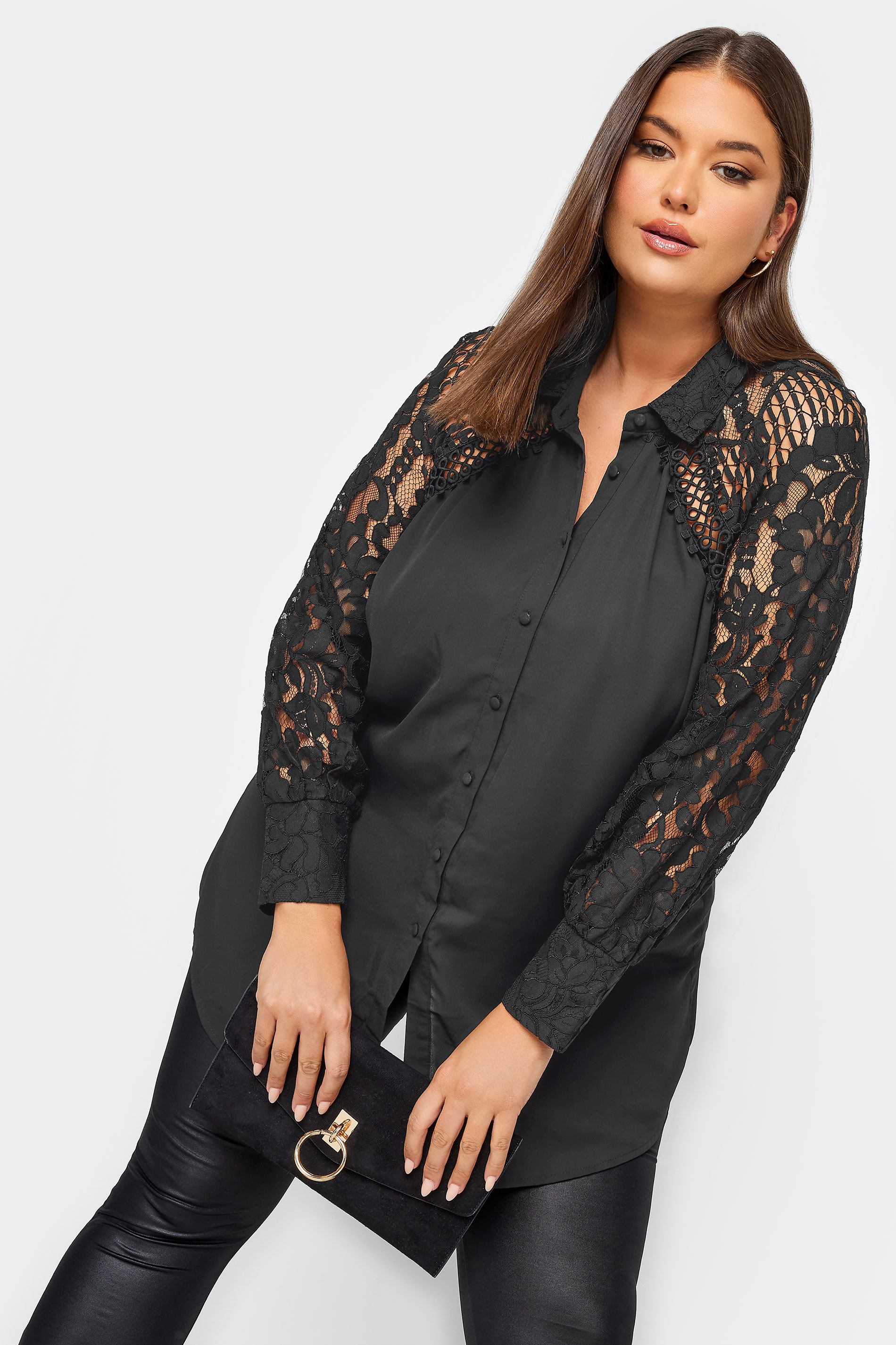YOURS LONDON Plus Size Black Lace Detail Shirt | Yours Clothing 2