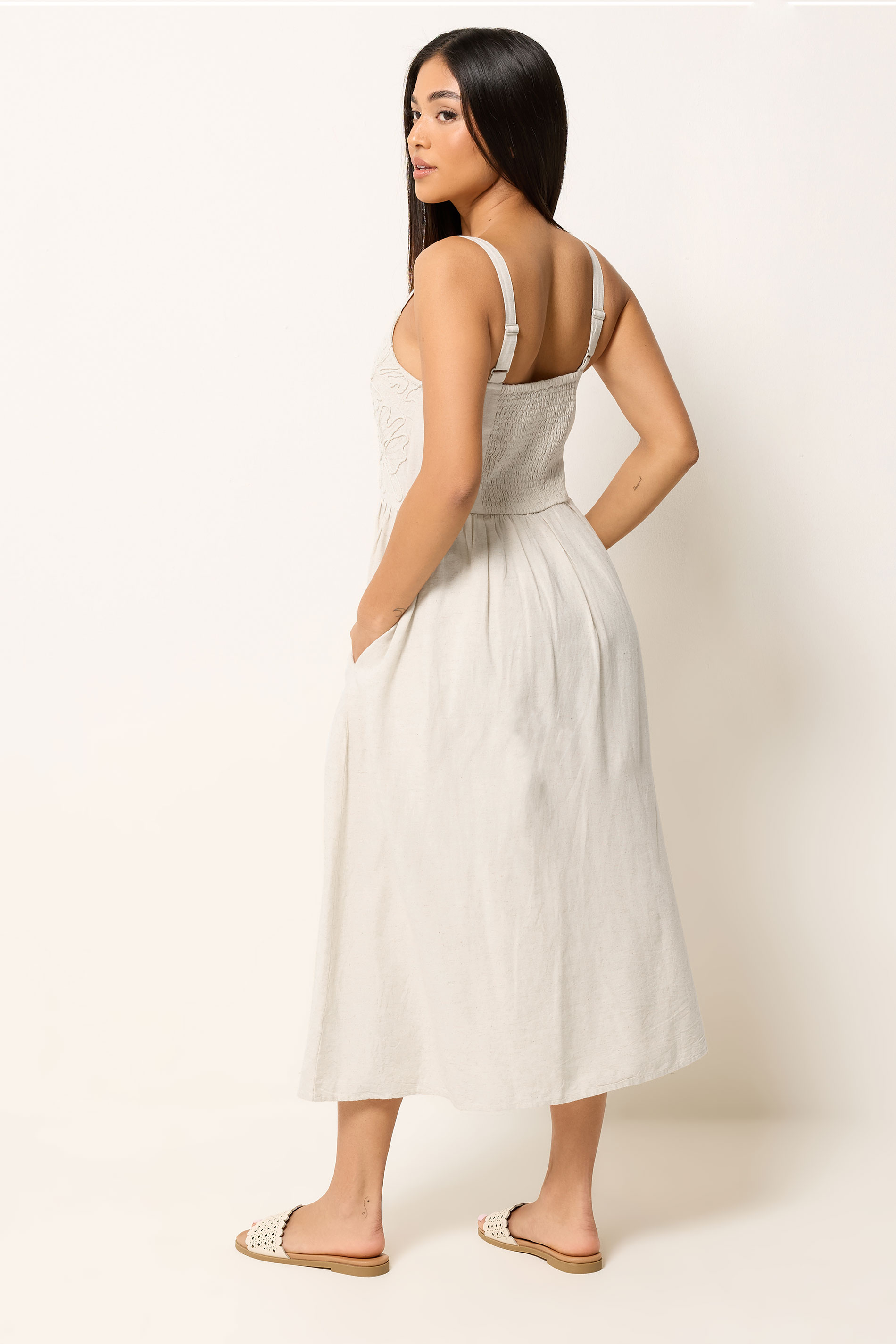 M&Co Petite Natural Brown Linen Embroidered Trim Maxi Dress | M&Co 2