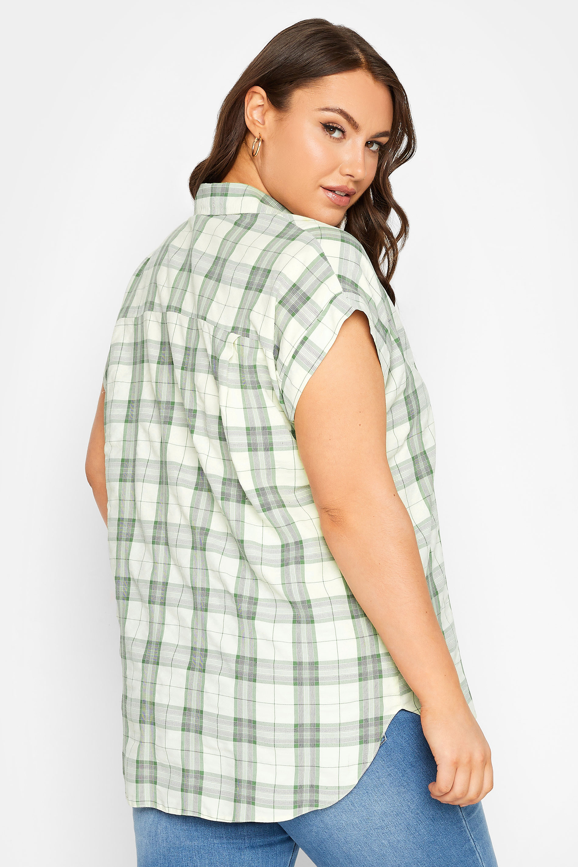 YOURS Plus Size Sage Green Check Print Collared Shirt | Yours Clothing 3
