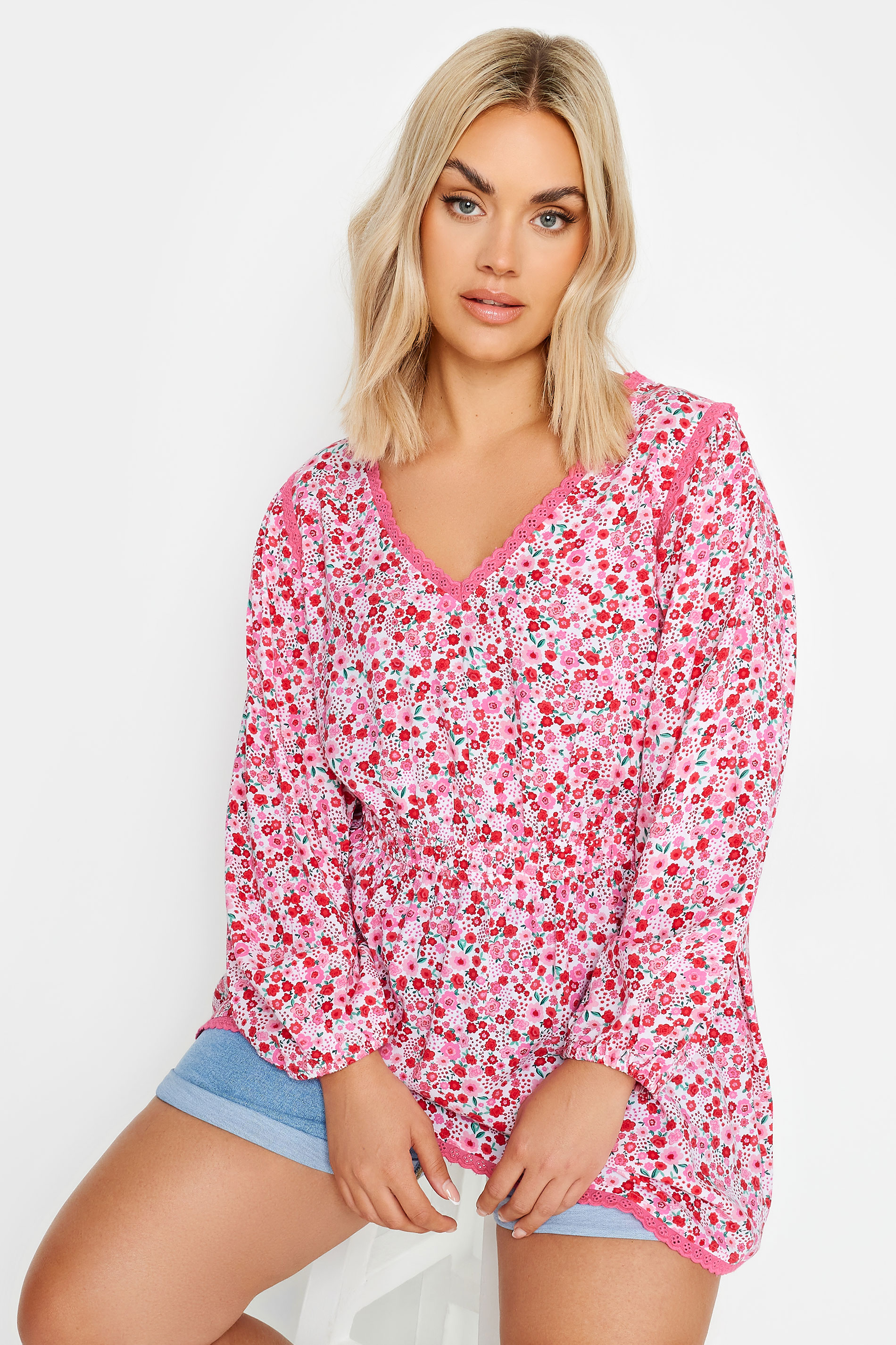 YOURS Plus Size Pink Ditsy Floral Print Smock Top | Yours Clothing 1