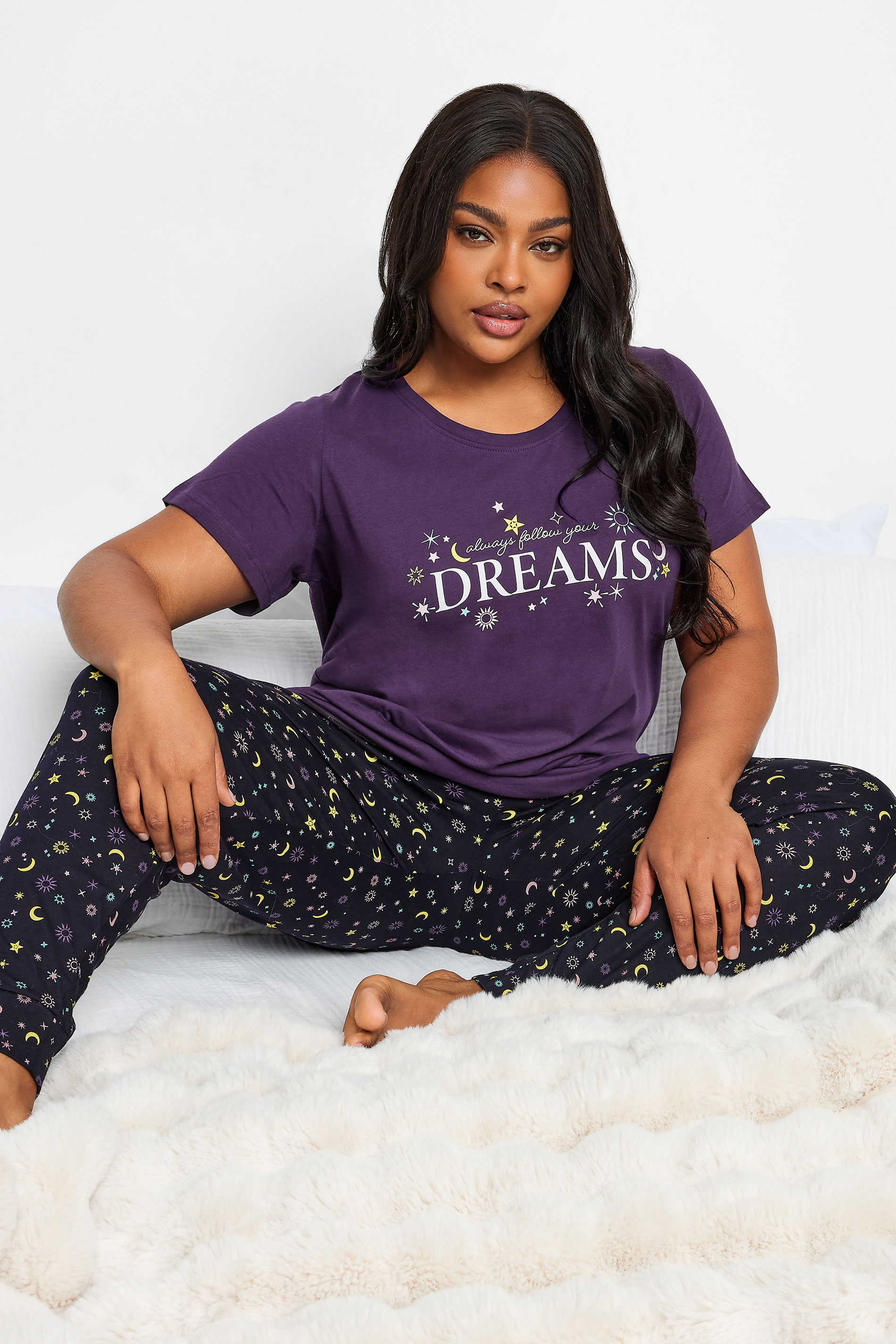 YOURS Plus Size Purple 'Always Follow Your Dreams' Star Print Pyjama Set | Yours Clothing 2