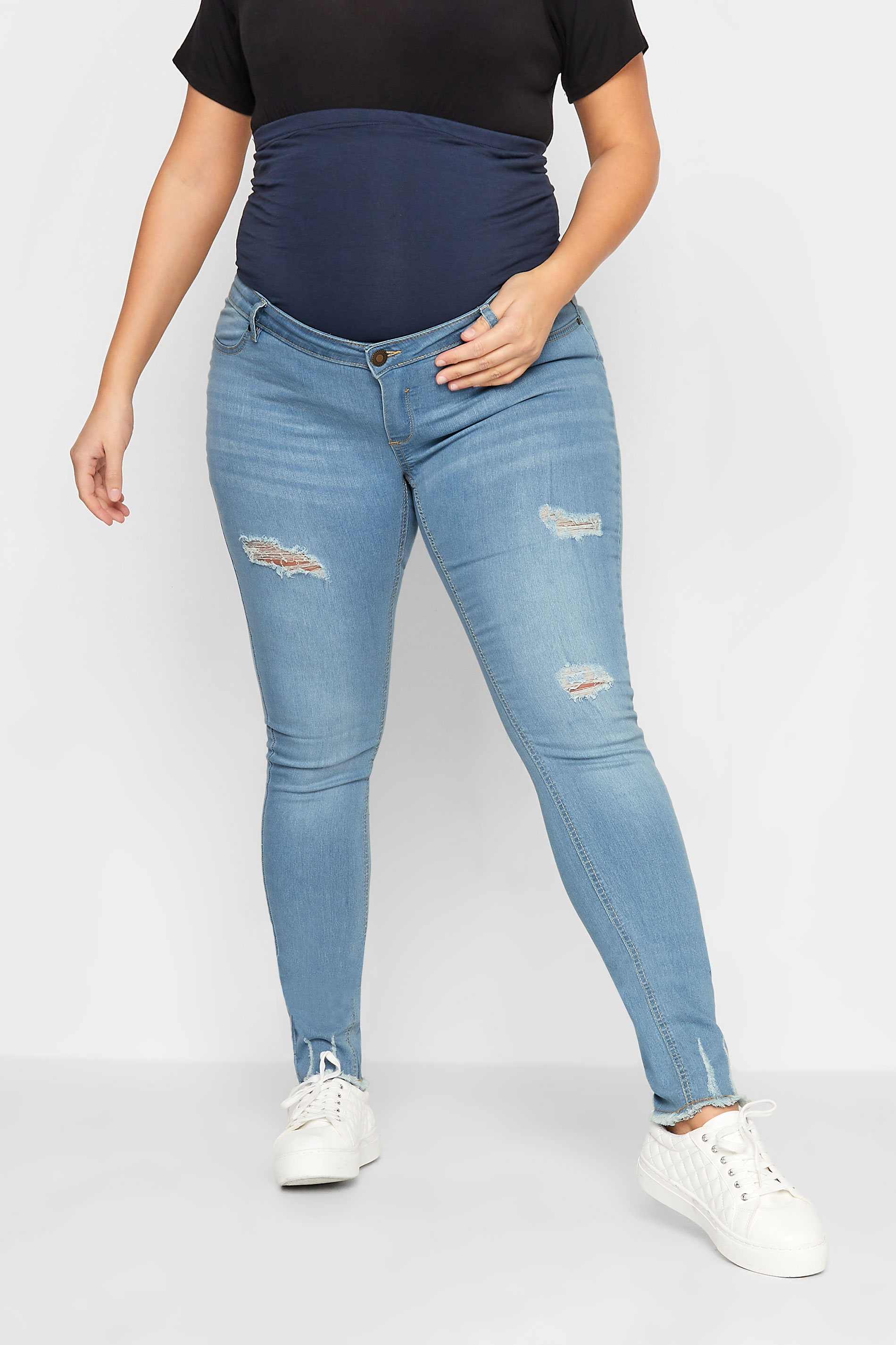 Tall Women's LTS Maternity Blue Distressed Skinny Jeans | Long Tall Sally 1