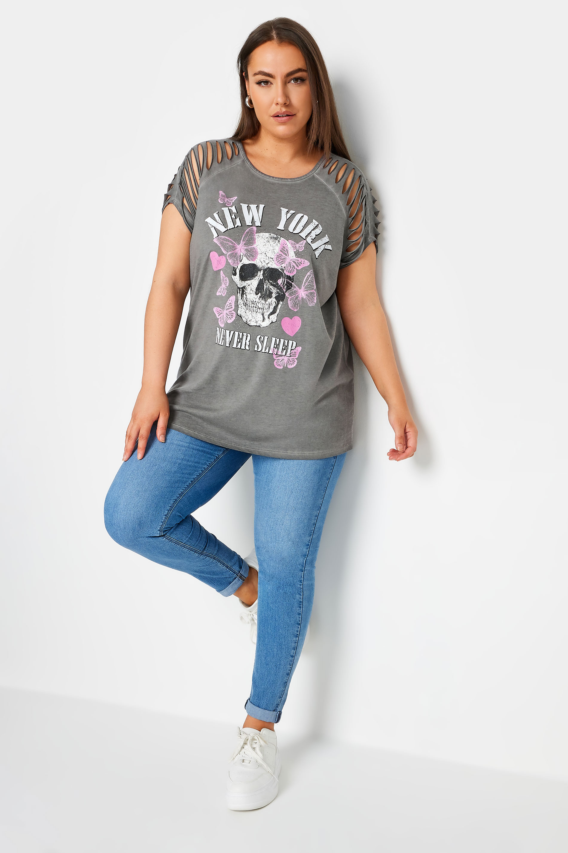 YOURS Plus Size Grey Cut Out 'New York' Slogan T-Shirt | Yours Clothing 2