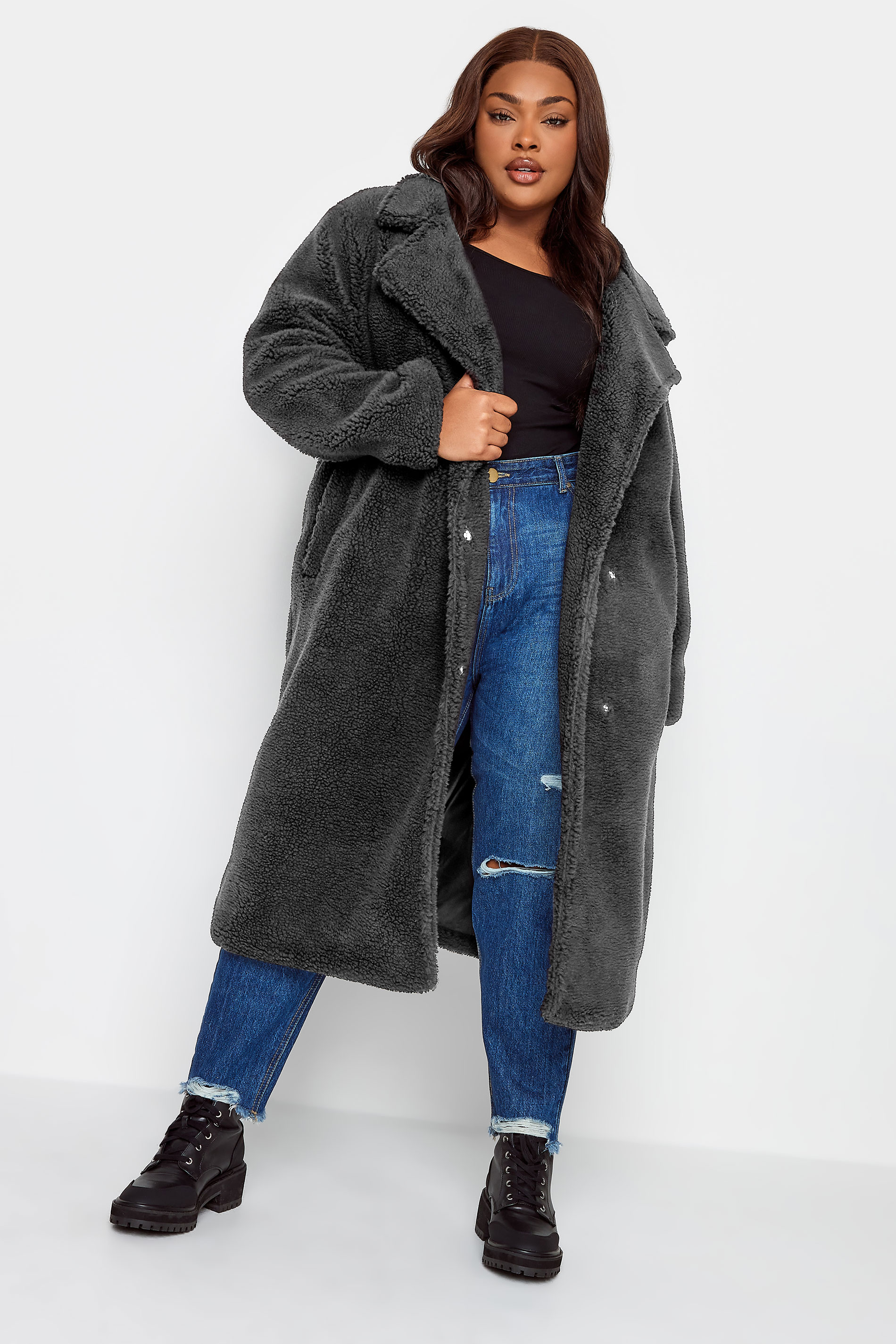 YOURS Plus Size Black Teddy Maxi Coat | Yours Clothing 1