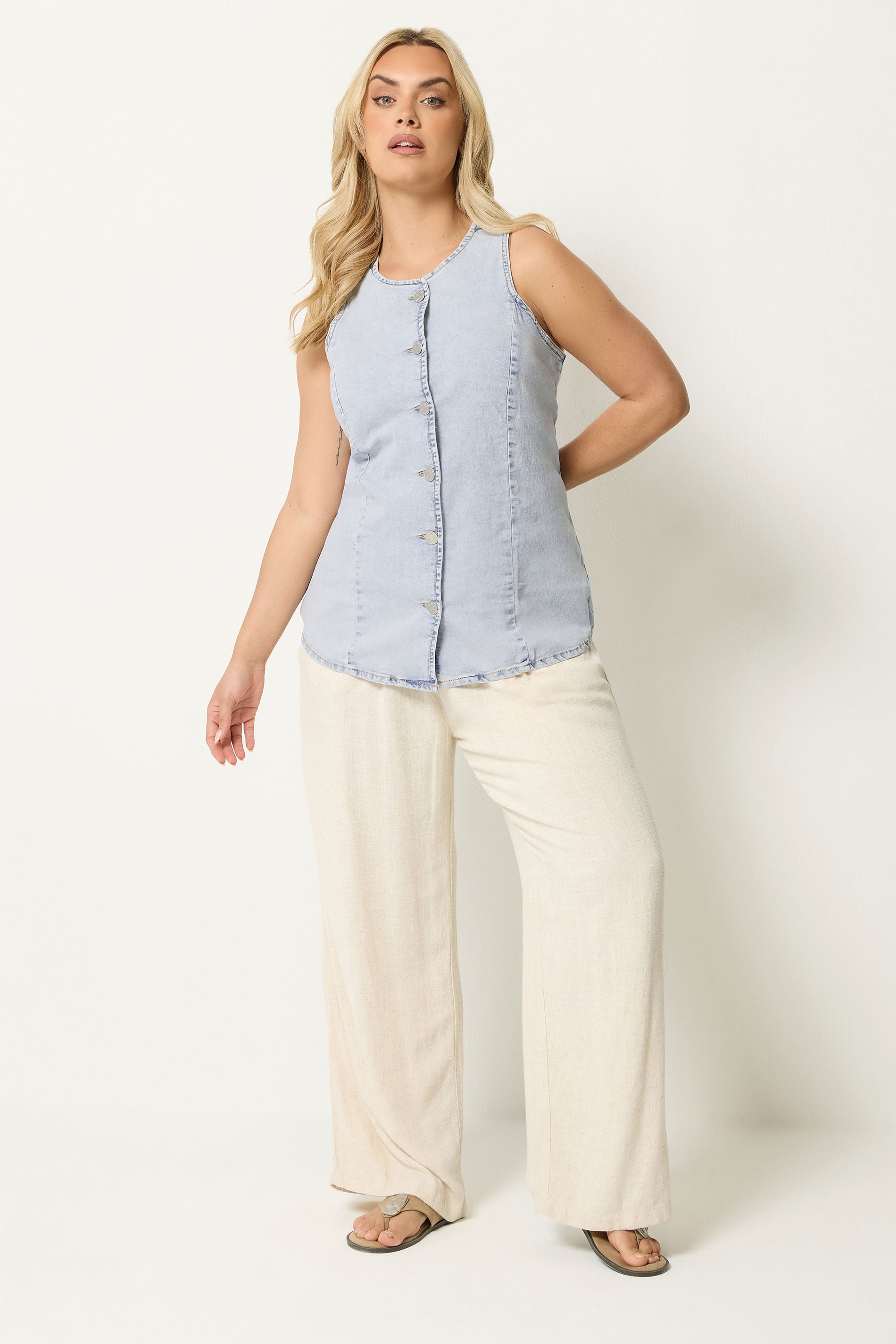 YOURS Plus Size Bleach Blue Denim Longline Waistcoat | Yours Clothing 1
