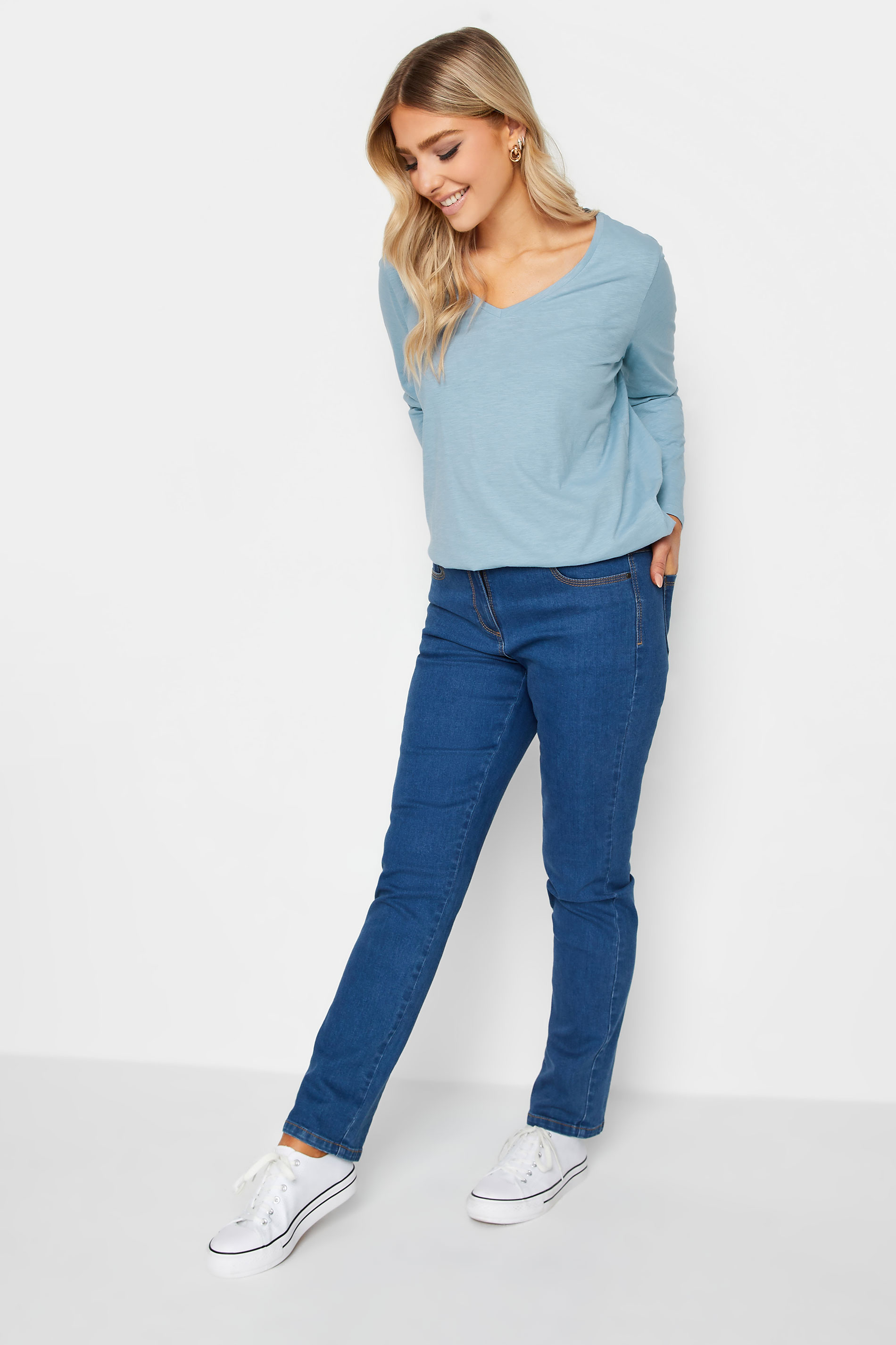 M&Co Light Blue V-Neck Long Sleeve Cotton Blend T-Shirt | M&Co 2