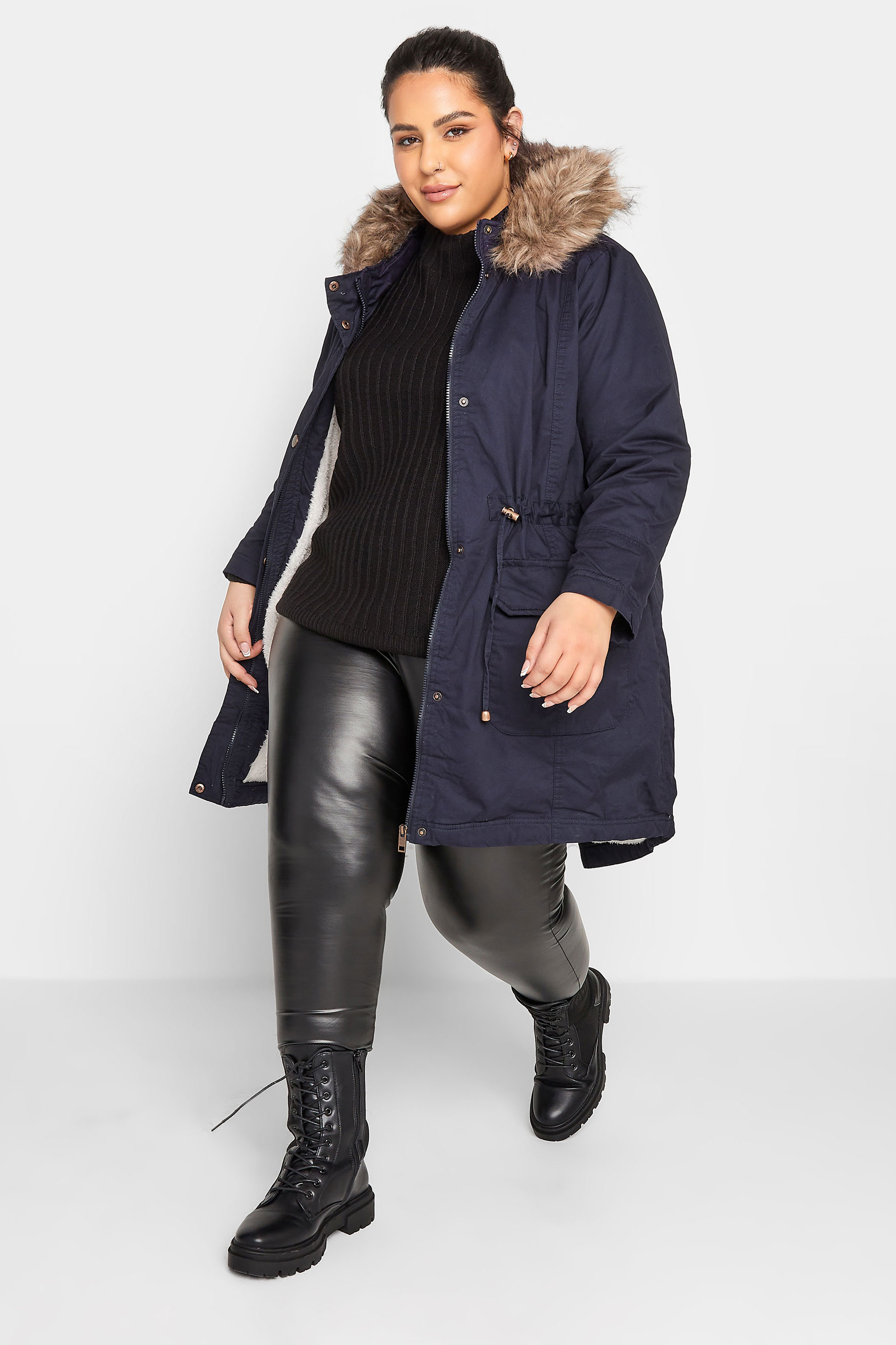 YOURS PETITE Plus Size Navy Blue Faux Fur Trim Hooded Parka Coat | Yours Clothing 2