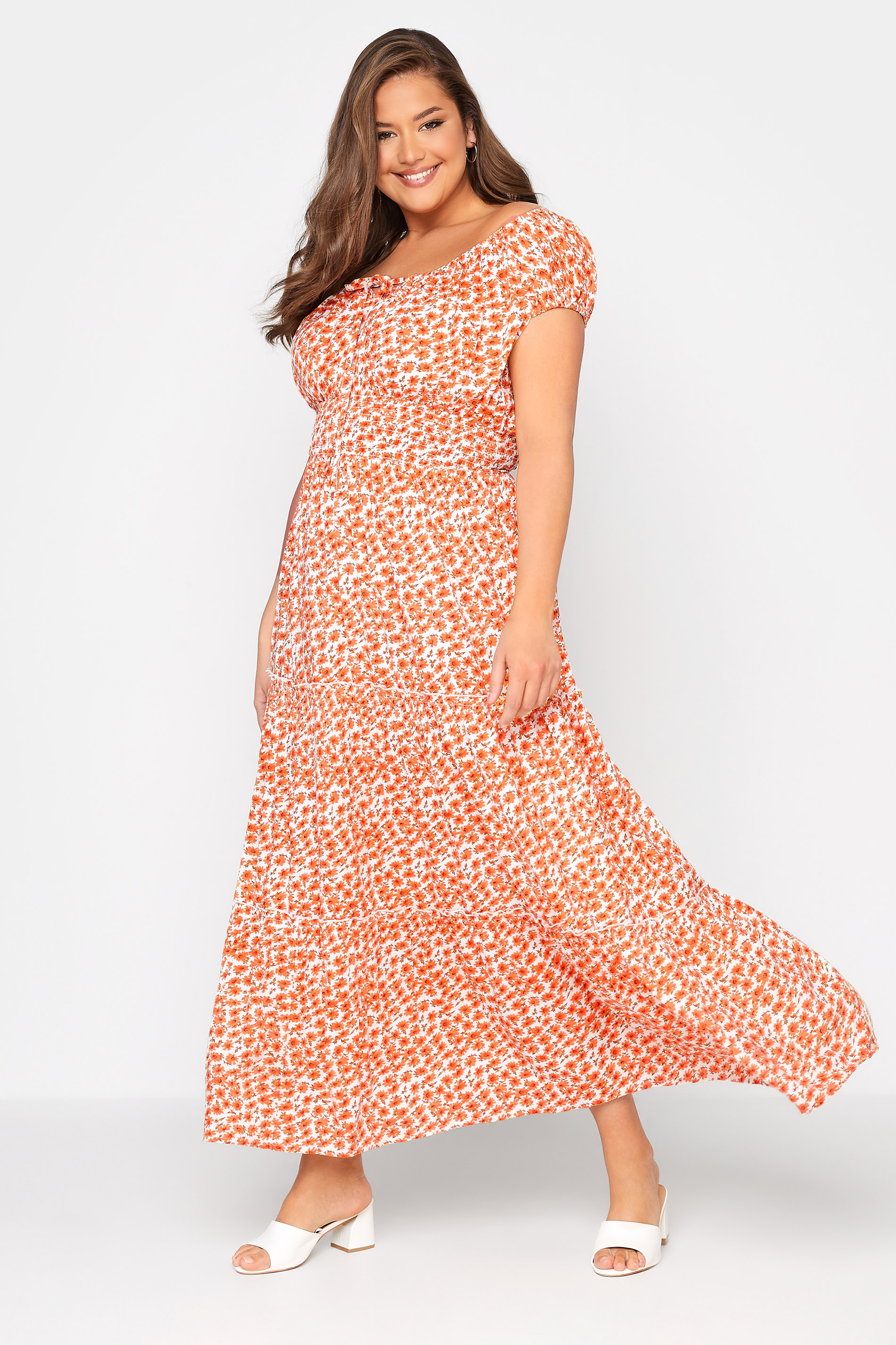 Plus Size Orange Floral Print Bardot Maxi Dress | Yours Clothing  1