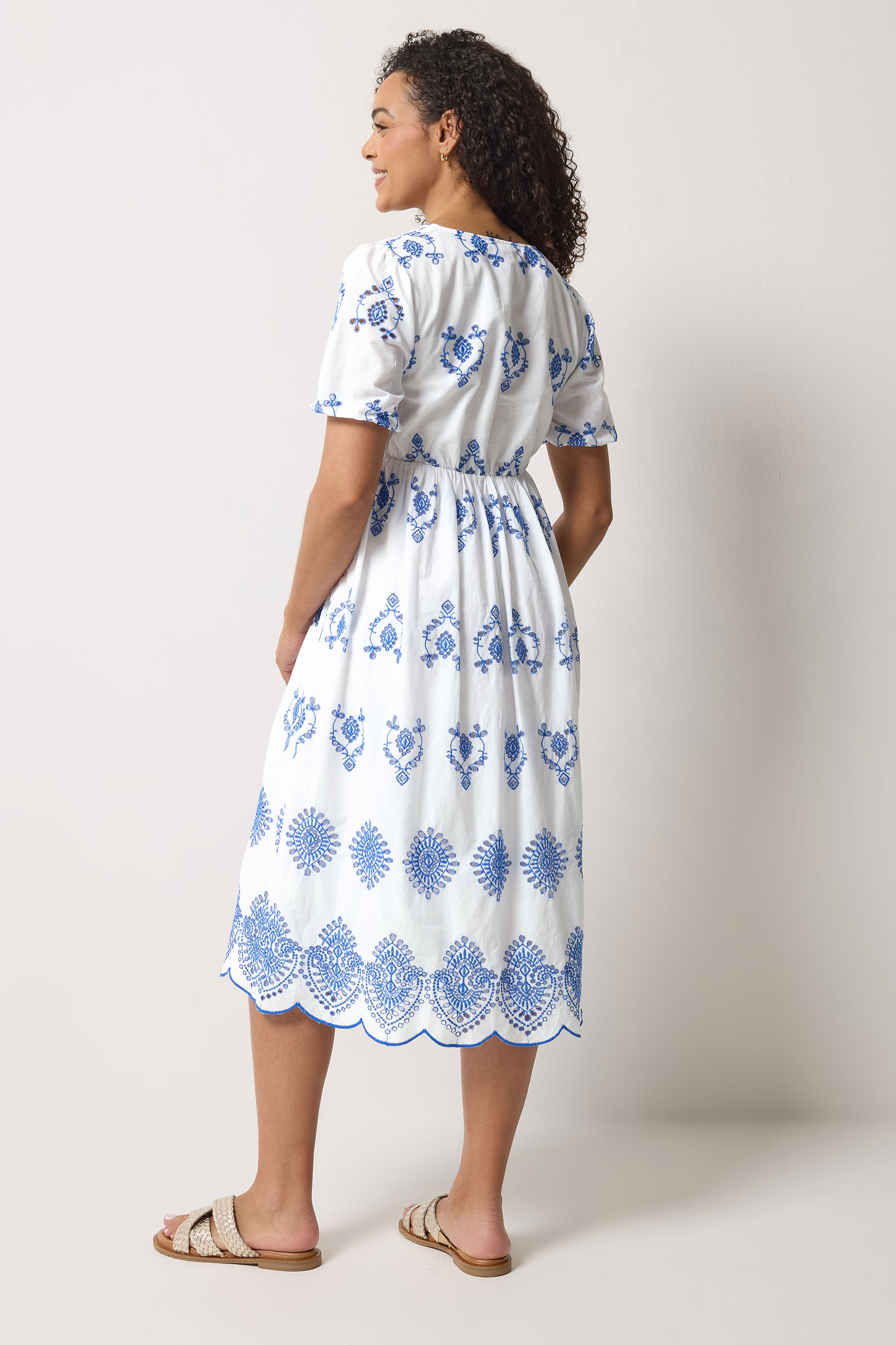 M&Co White & Blue Broderie Cotton Midi Dress | M&Co 4