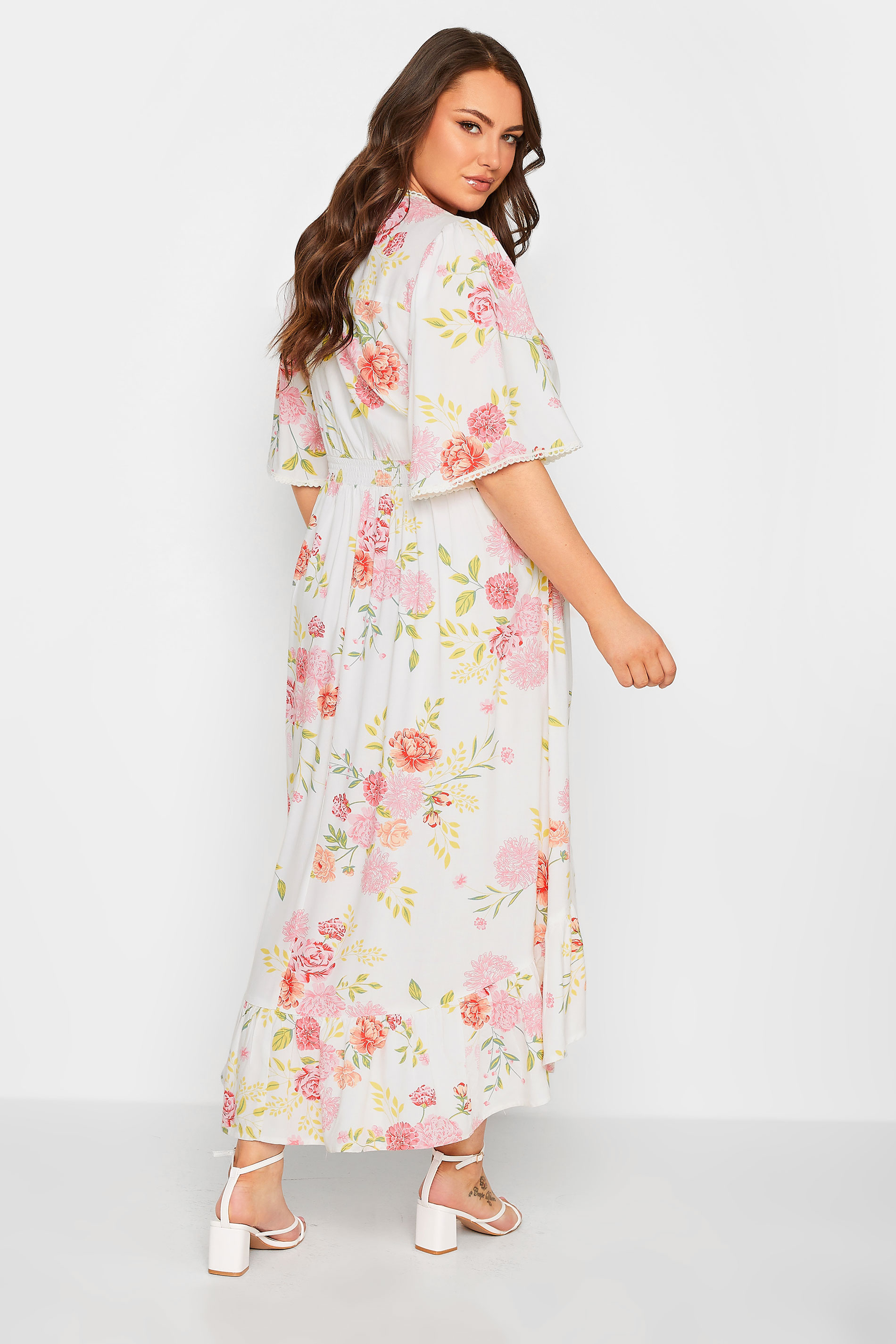YOURS Plus Size White Floral Print Dipped Hem Midi Dress | Yours Clothing 3