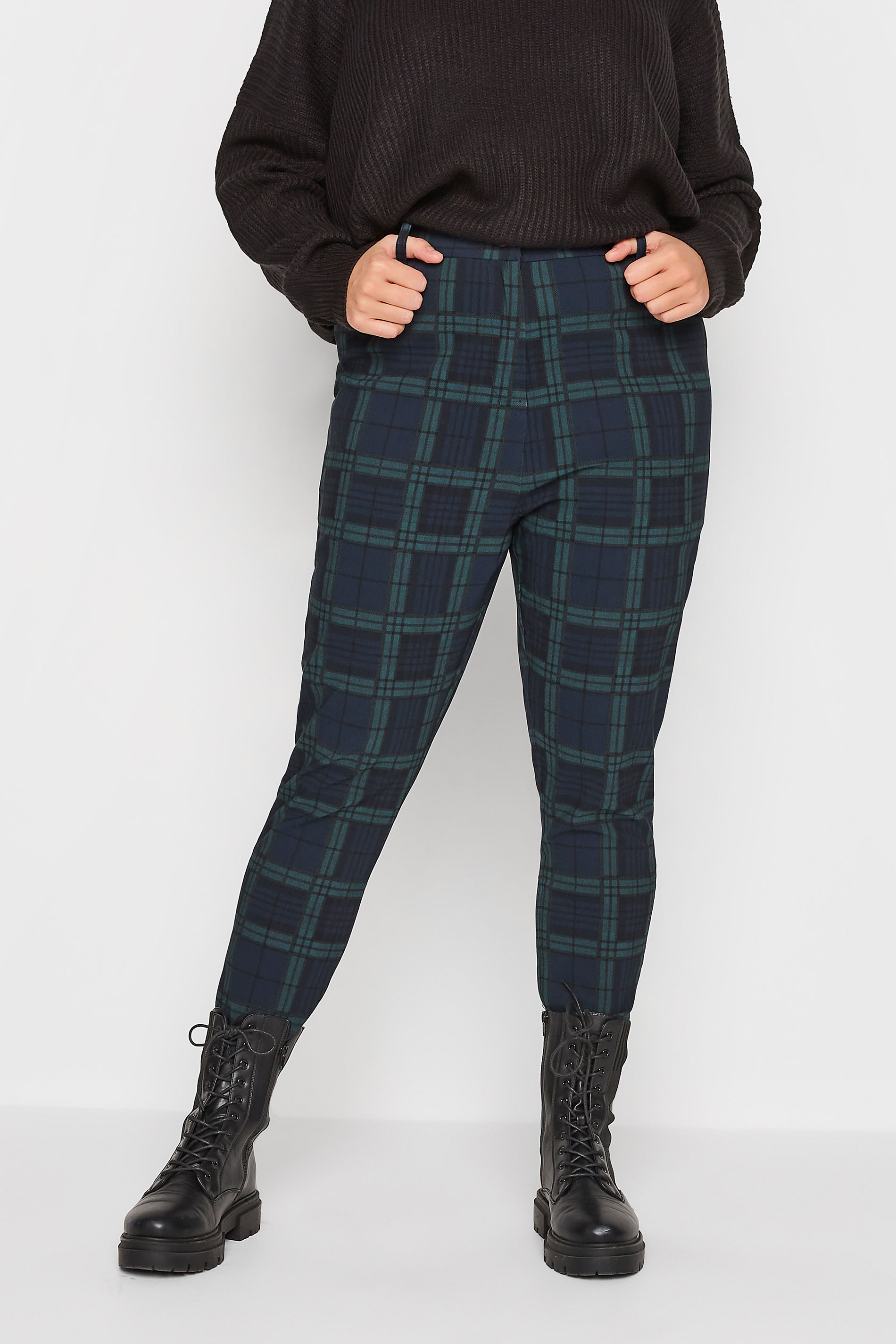 Plus Size Navy Blue & Green Check Print Bengaline Slim Leg Stretch Trousers | Yours Clothing 1