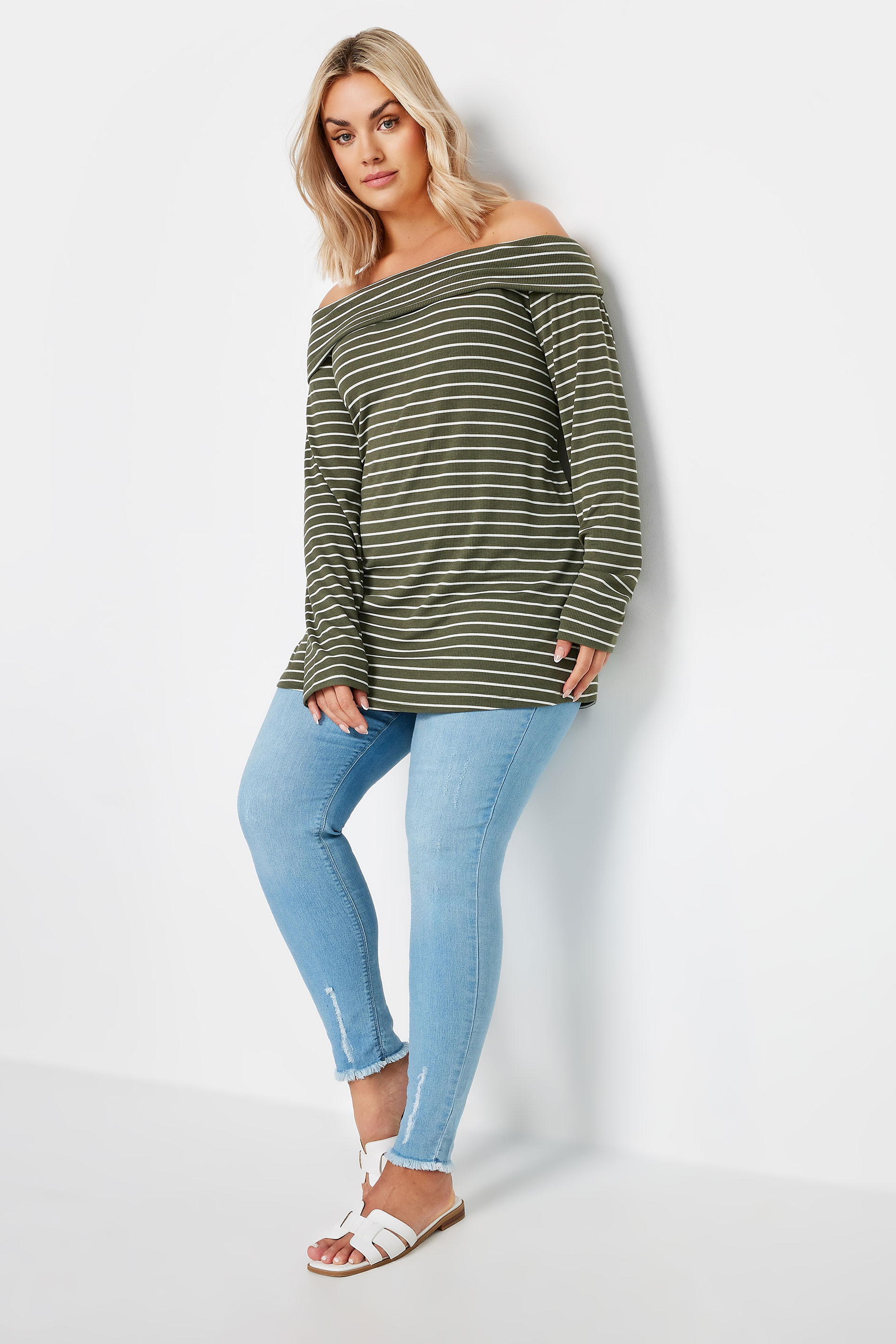 YOURS Plus Size Green Stripe Long Sleeve Bardot Top | Yours Clothing 3