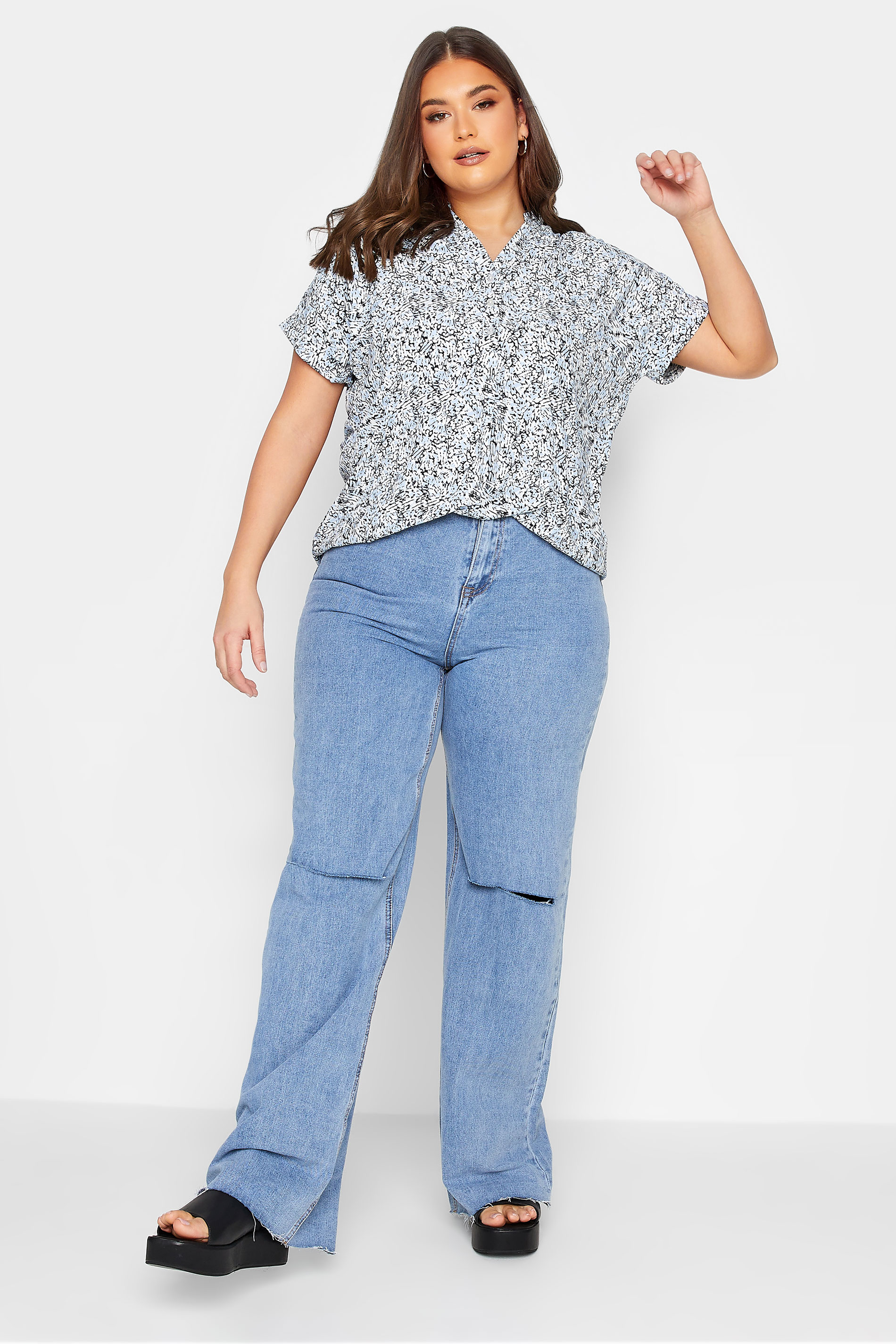 YOURS Plus Size Curve Light Blue Mixed Animal Print Half Placket Blouse | Yours Clothing  2