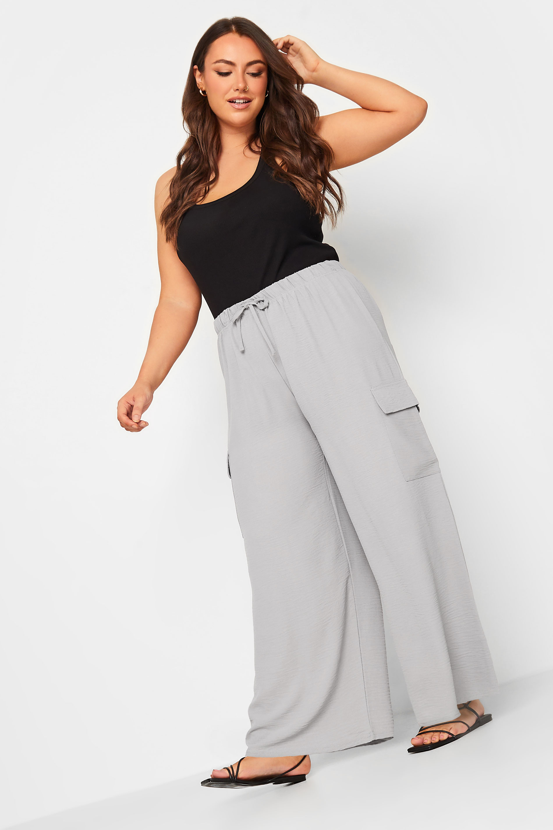 YOURS Plus Size Grey Wide Leg Crepe Cargo Trousers | Yours Clothing 3