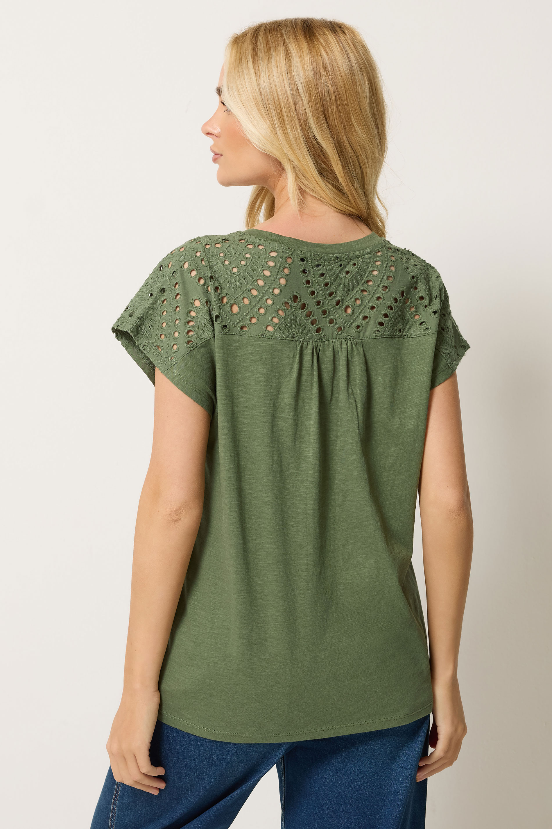 M&Co Khaki Green Broderie V-Neck Cotton T-Shirt | M&Co 2