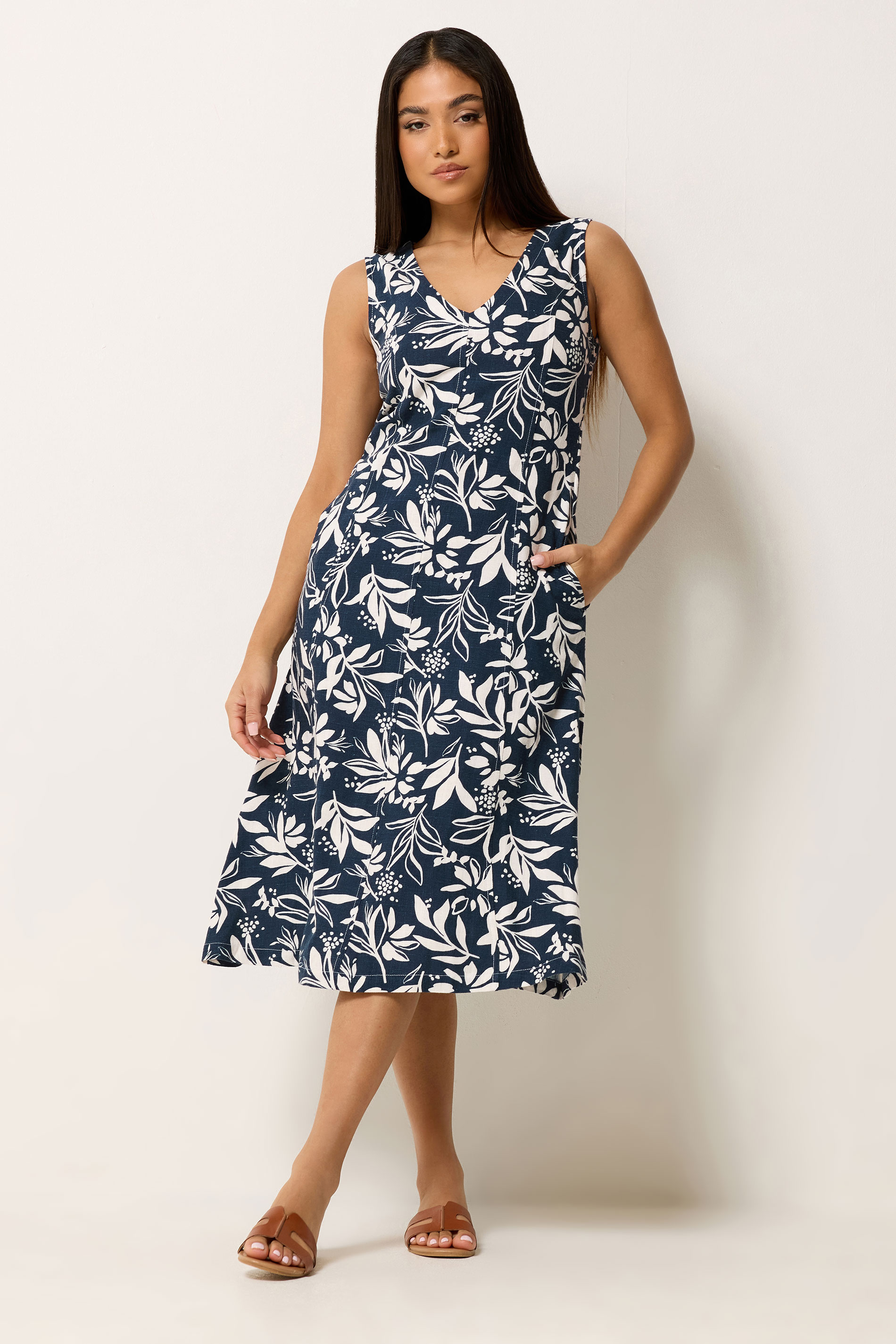 M&Co Petite Navy Blue Floral Linen Midi Dress | M&Co 1