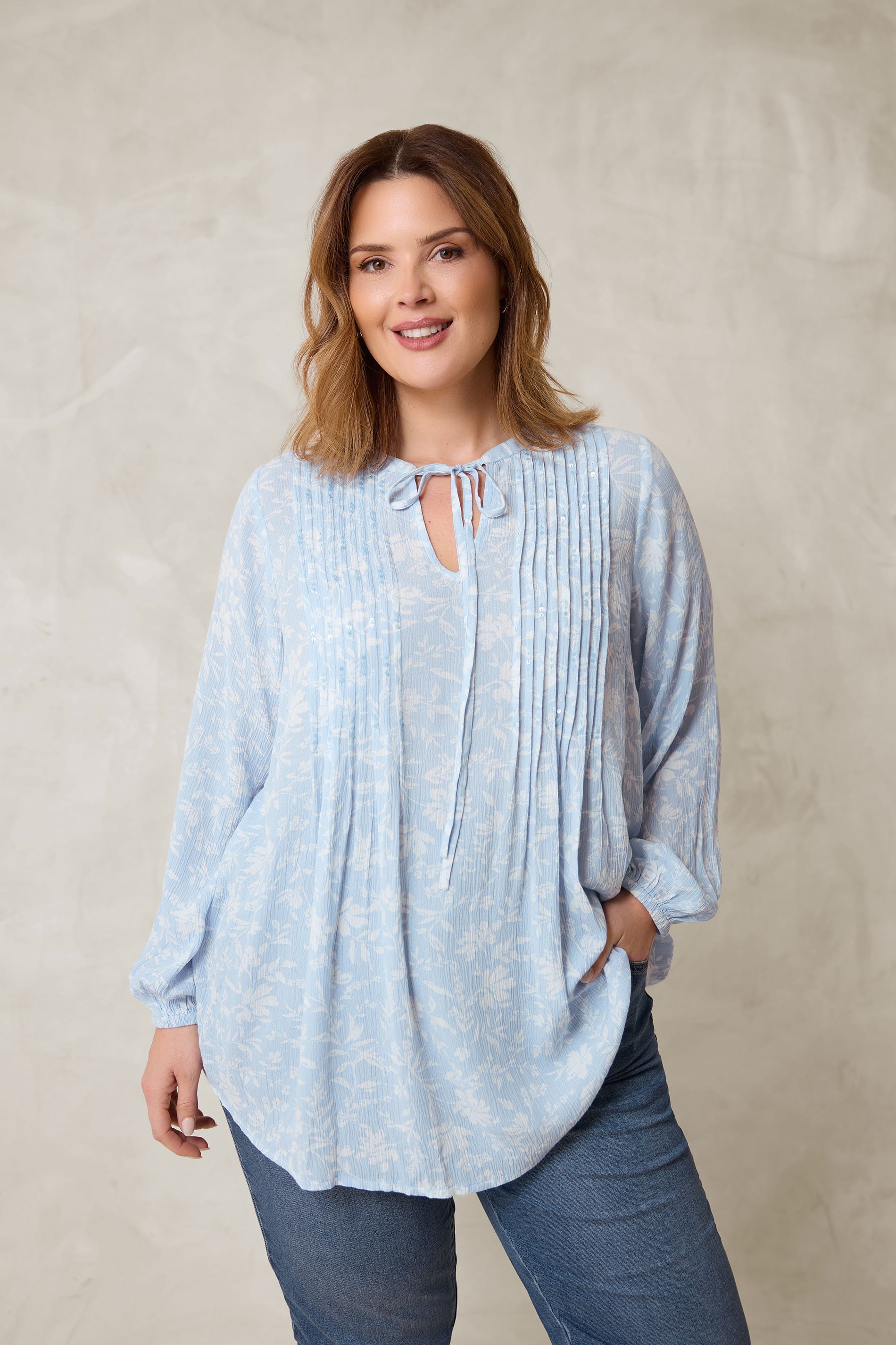 EVANS Plus Size Blue Floral Tie Neck Pintuck Blouse | Evans 3
