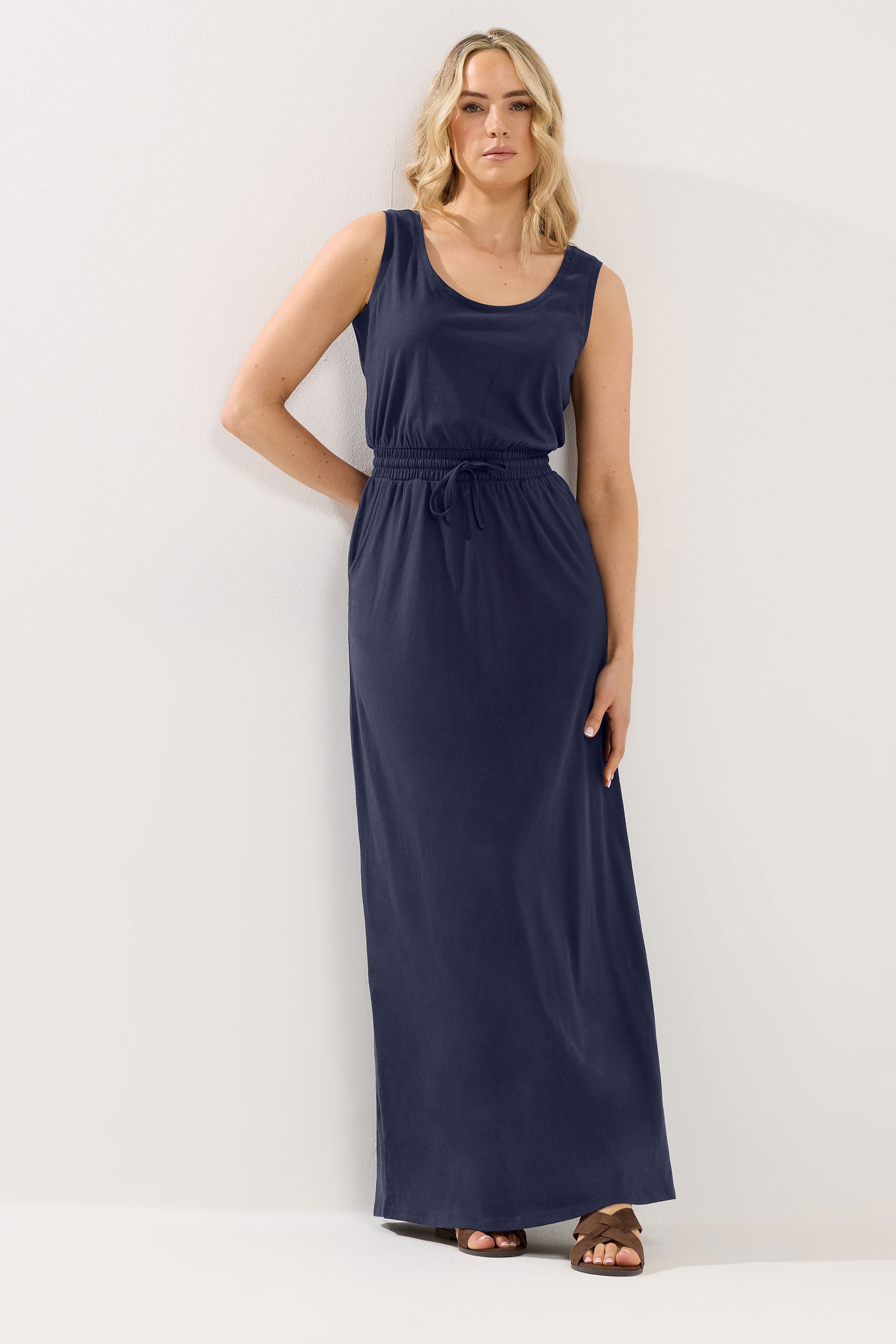 LTS Tall Women's Dark Blue Tie Waist Cotton Maxi Dress | Long Tall Sally 3