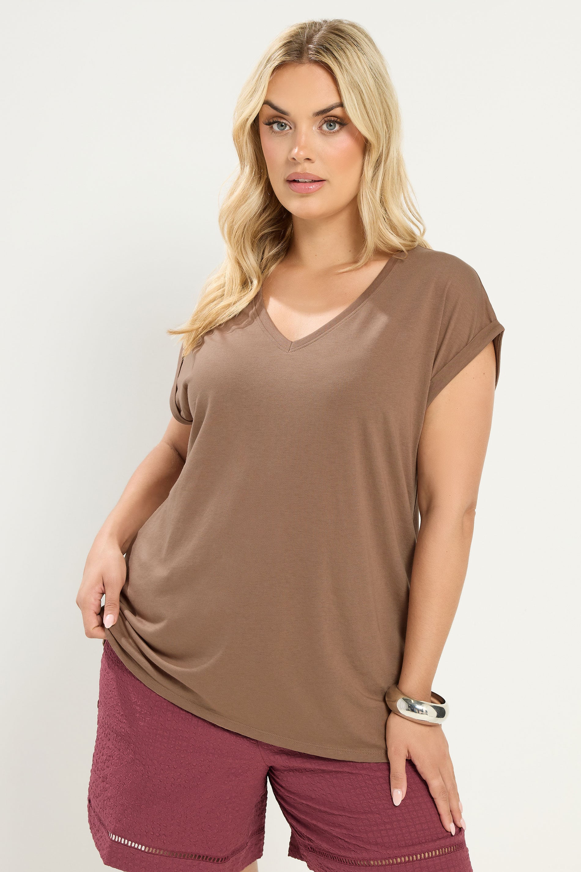 YOURS Plus Size Natural Brown V-Neck Basic T-Shirt | Yours Clothing 3
