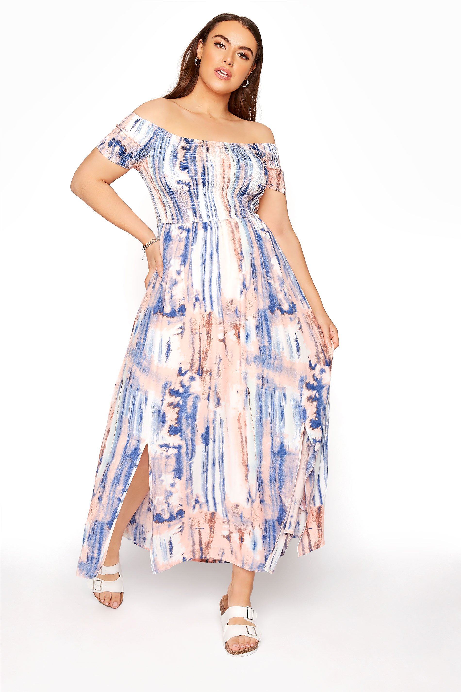 Pink Tie Dye Shirred Bardot Maxi Dress | Yours Clothing