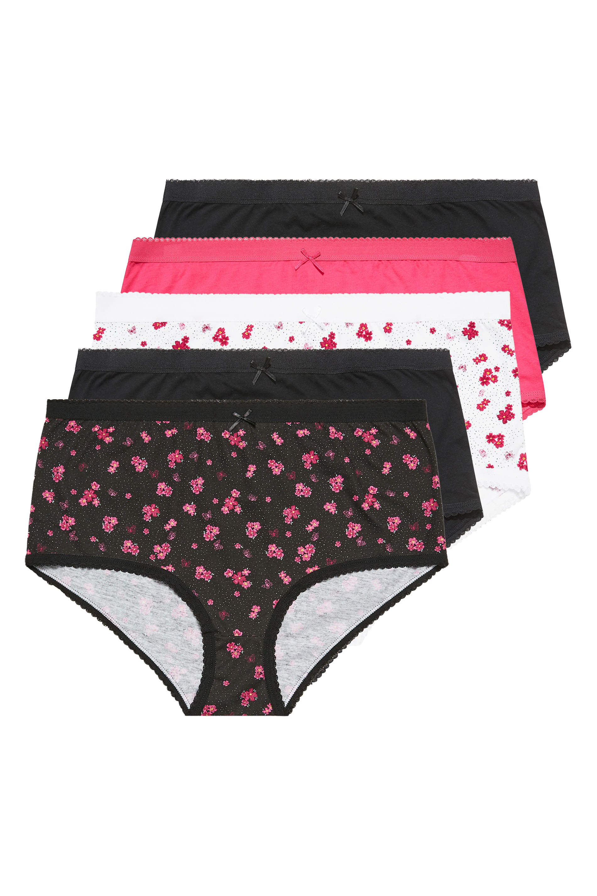 Plus Size 5 PACK Pink & Black Ditsy Floral Print Full Briefs | Yours Clothing 3