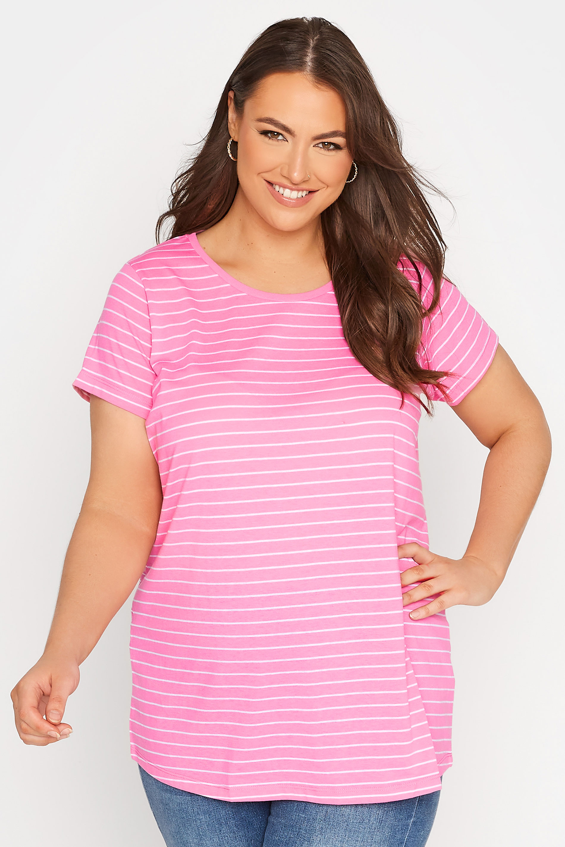 Curve Bright Pink Stripe Short Sleeve T-Shirt 1