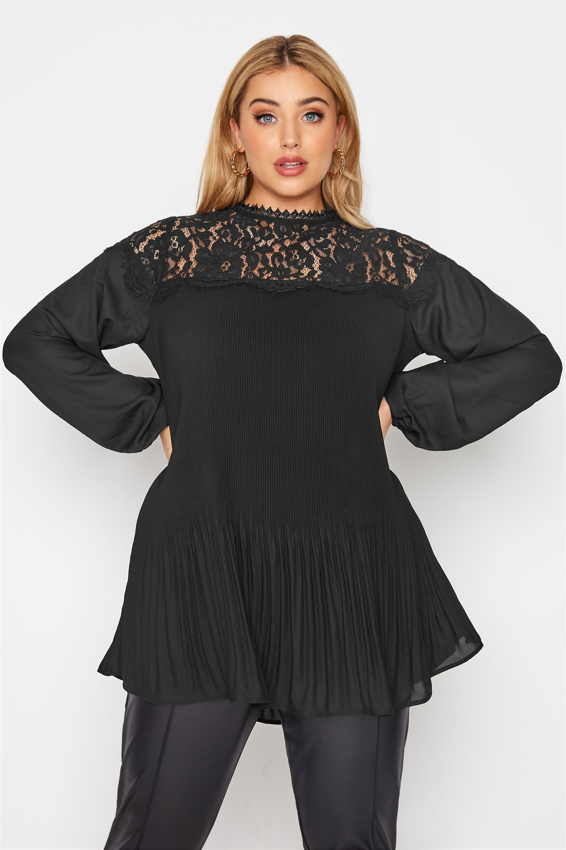 Plus Size YOURS LONDON Black Lace Pleat Tunic | Yours Clothing 1