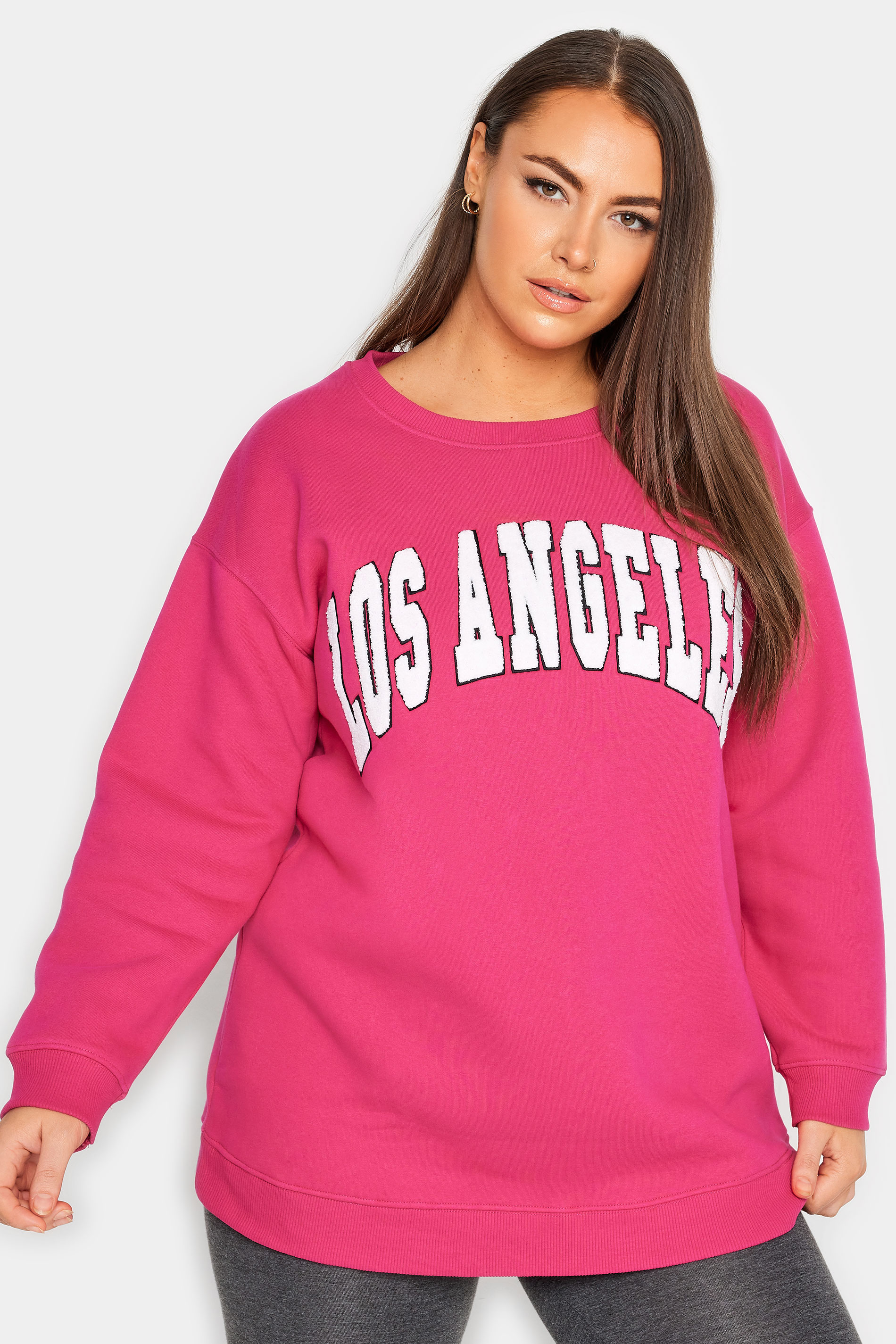 YOURS Plus Size Pink 'Los Angeles' Embroidered Slogan Sweatshirt | Yours Clothing 1