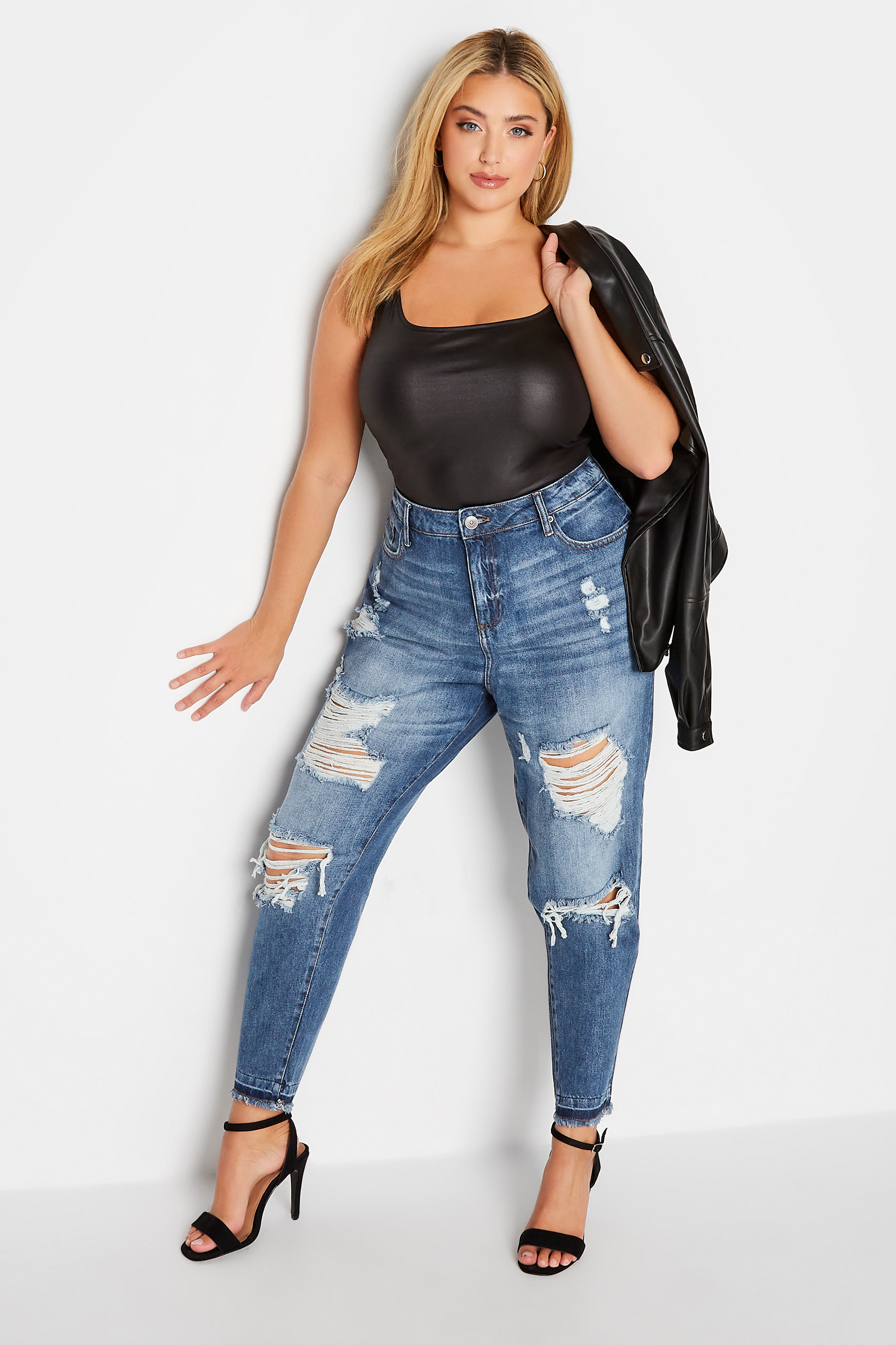 Mid Blue Extreme Distressed MOM Jeans | Yours Clothing 3