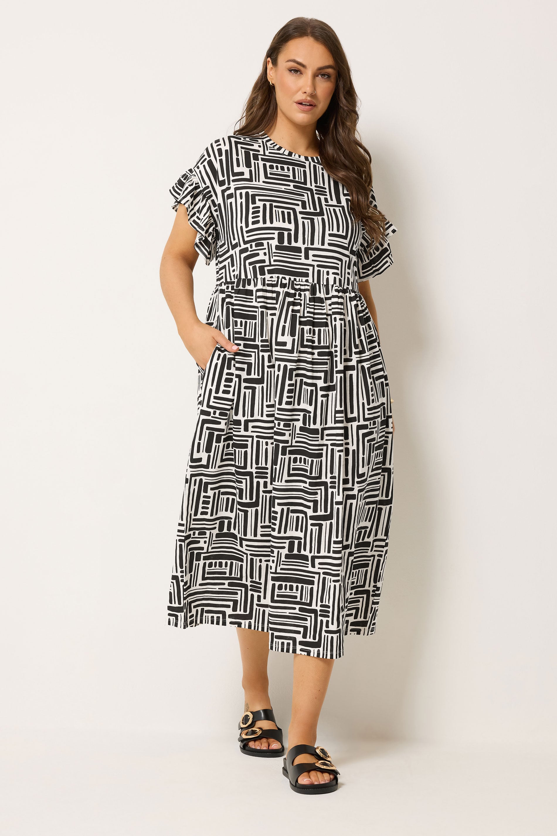 YOURS Plus Size Black Abstract Frill Sleeve Dress | Yours Clothing 1