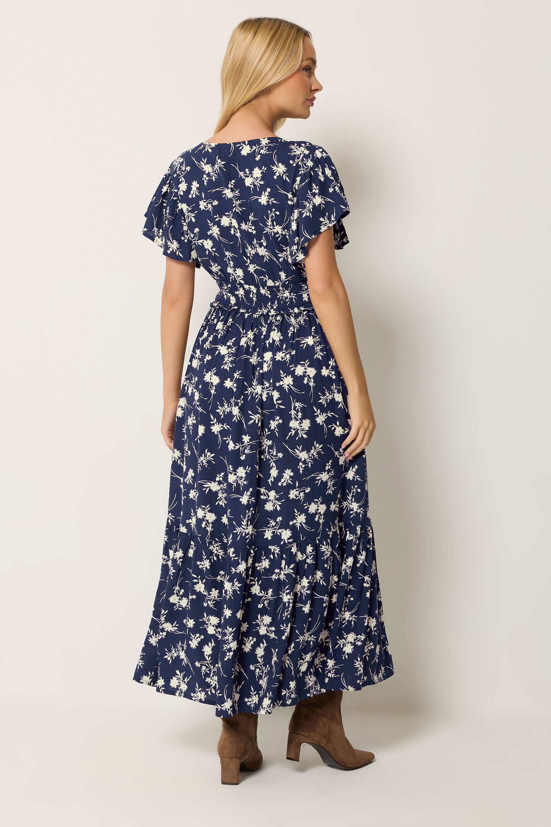 M&Co Navy Blue Floral Print Shirred Waist Maxi Dress | M&Co 2