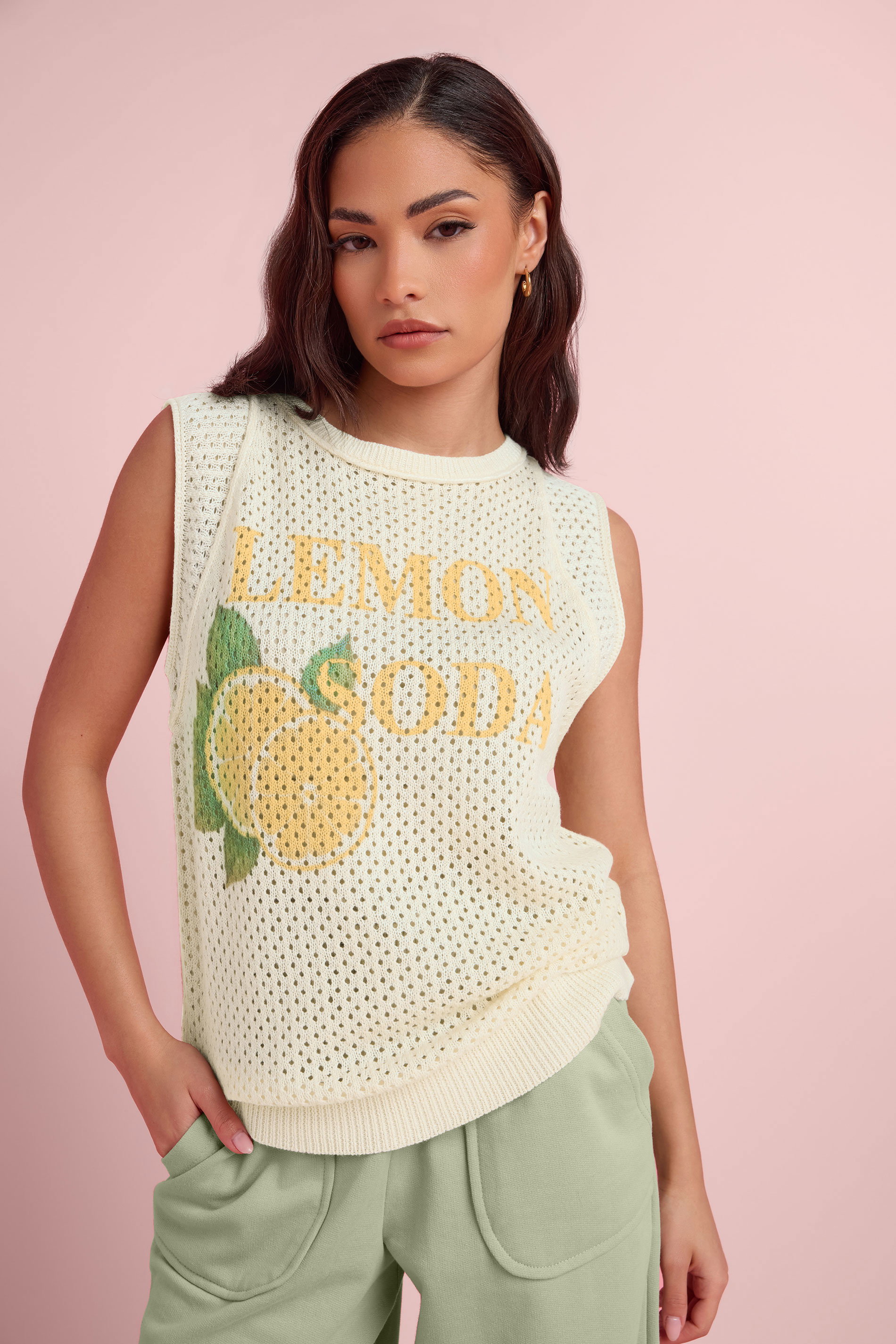 PixieGirl Petite Women's Ivory White Lemon Graphic Crochet Vest Top | PixieGirl 3