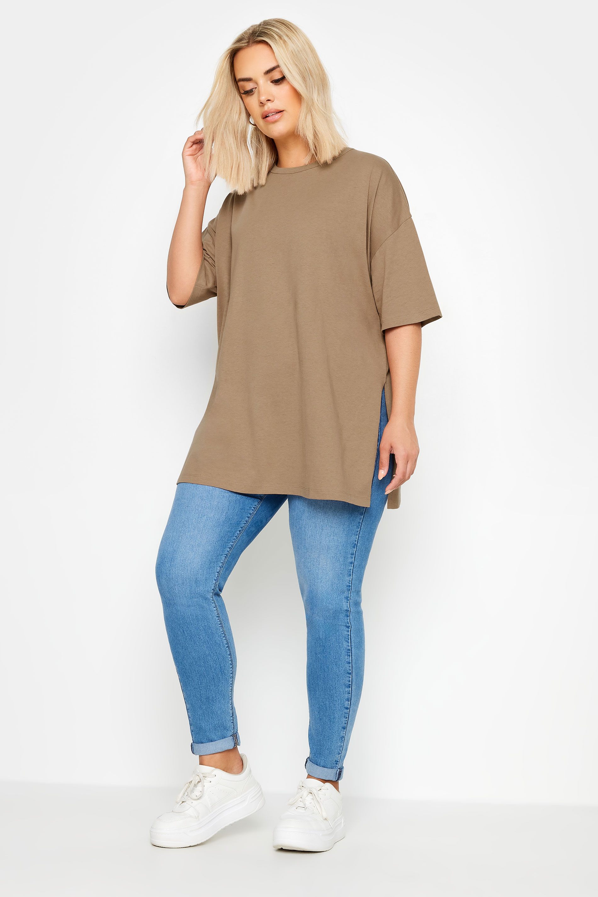 YOURS Plus Size Brown Side Split Oversized T-Shirt | Yours Clothing 2