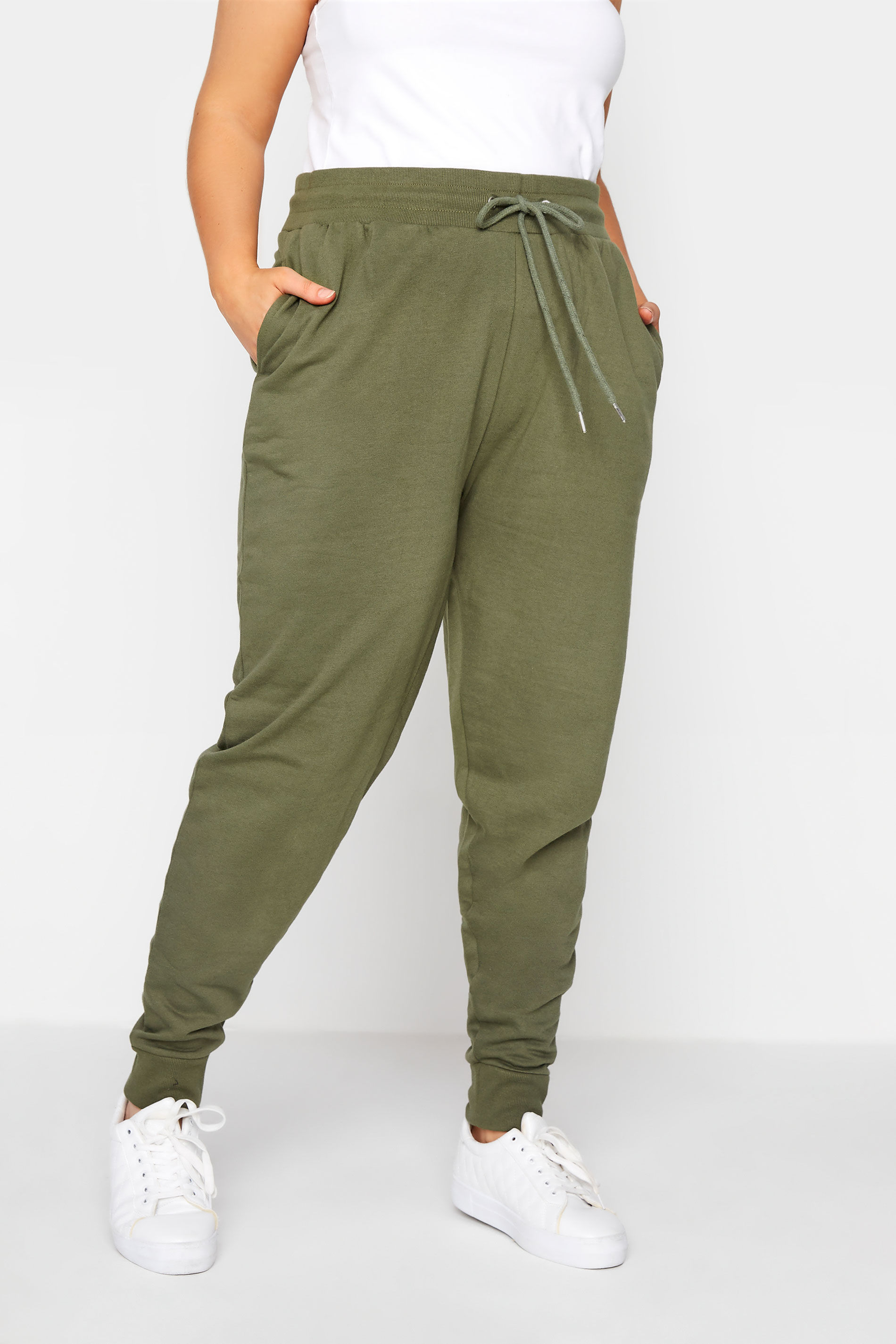 Plus Size Khaki Green Basic Cuff Joggers | Yours Clothing 1