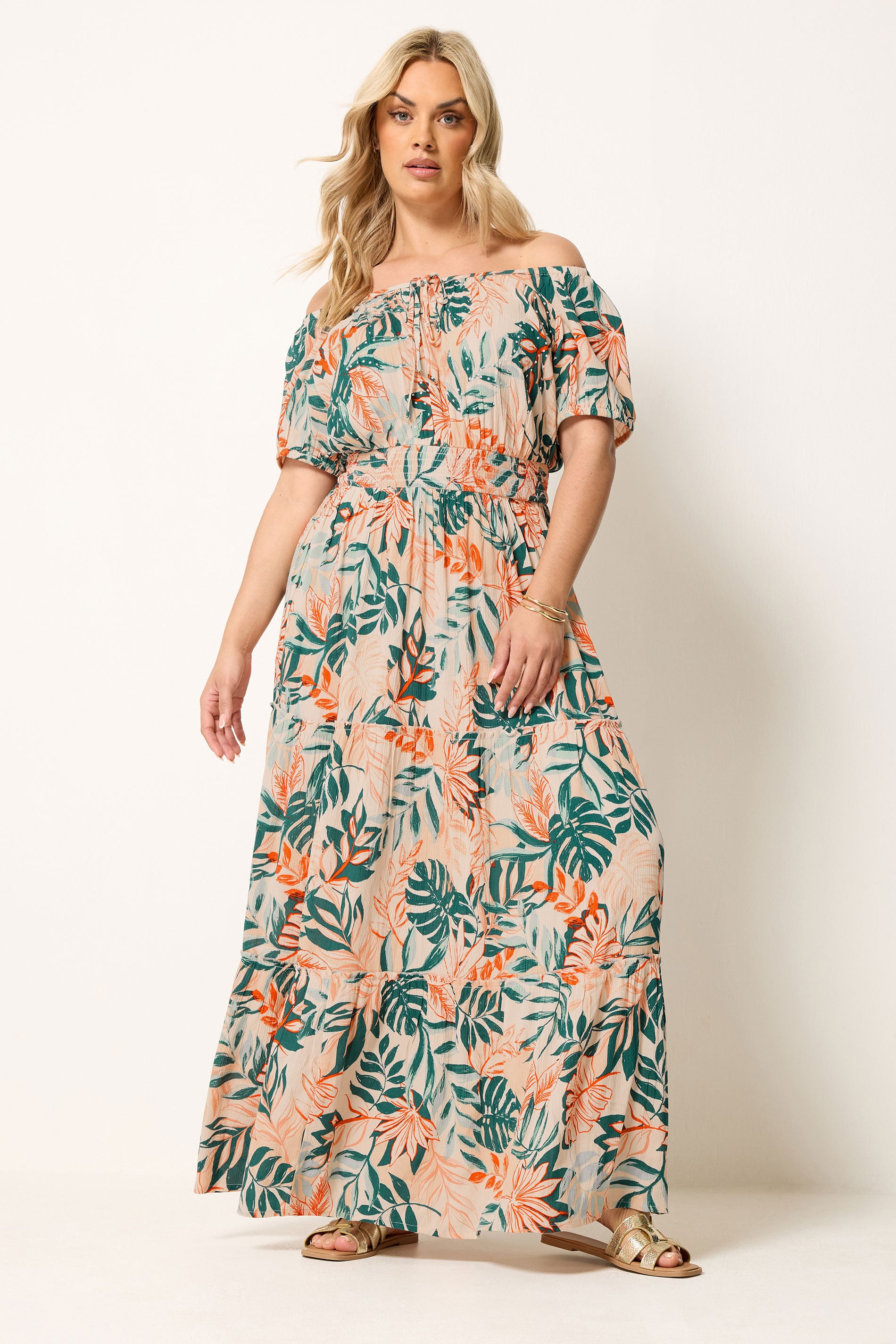 YOURS Plus Size Cream Leaf Tie Neck Bardot Maxi Dress | Yours Clothing 2