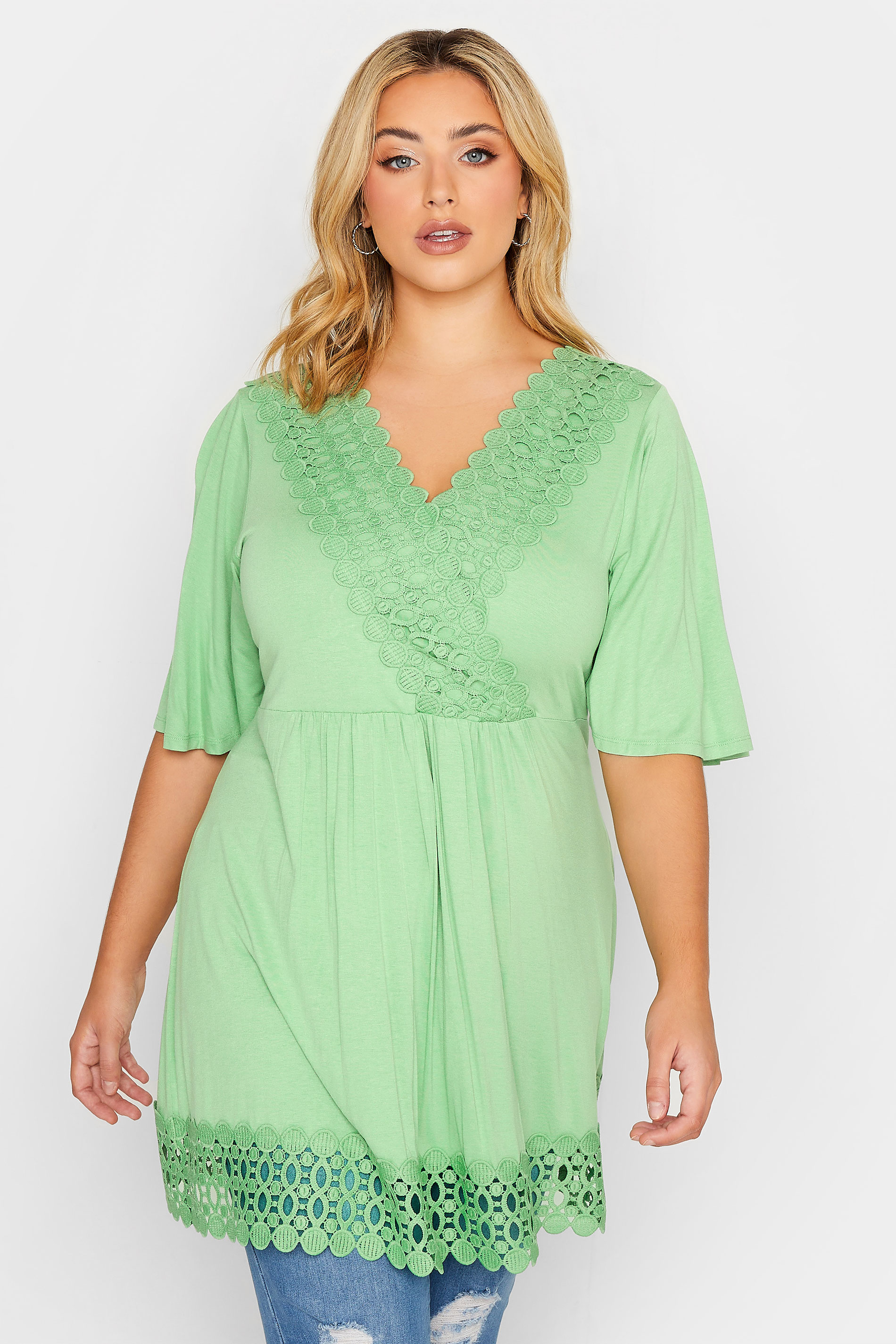 YOURS Plus Size Curve Green Crochet Detail Peplum Tunic Top | Yours Clothing  1