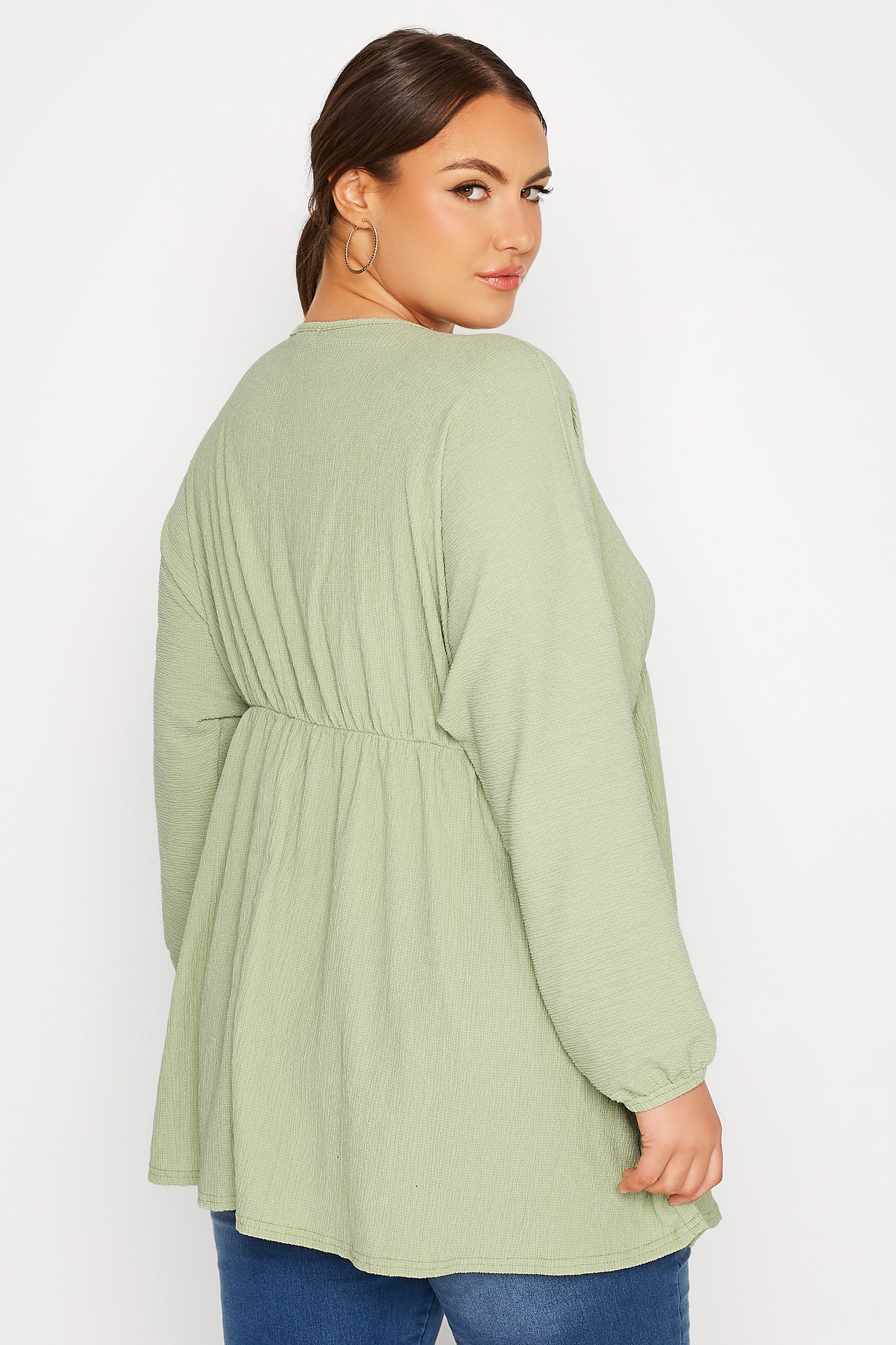 LIMITED COLLECTION Plus Size Sage Green Crinkle Lace Up Peplum Blouse | Yours Clothing 3