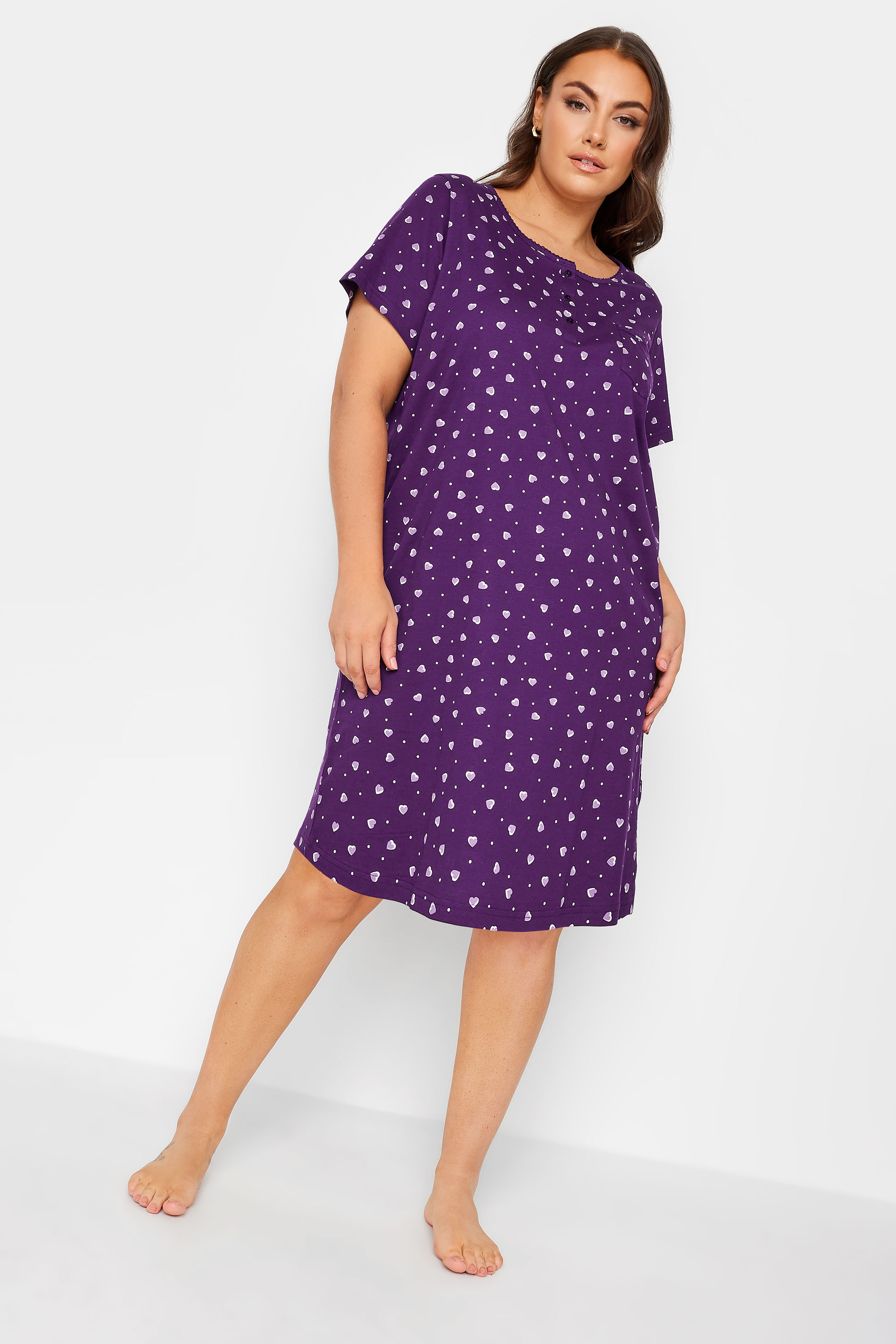 YOURS Plus Size Purple Heart Print Placket Nightdress | Yours Clothing 1