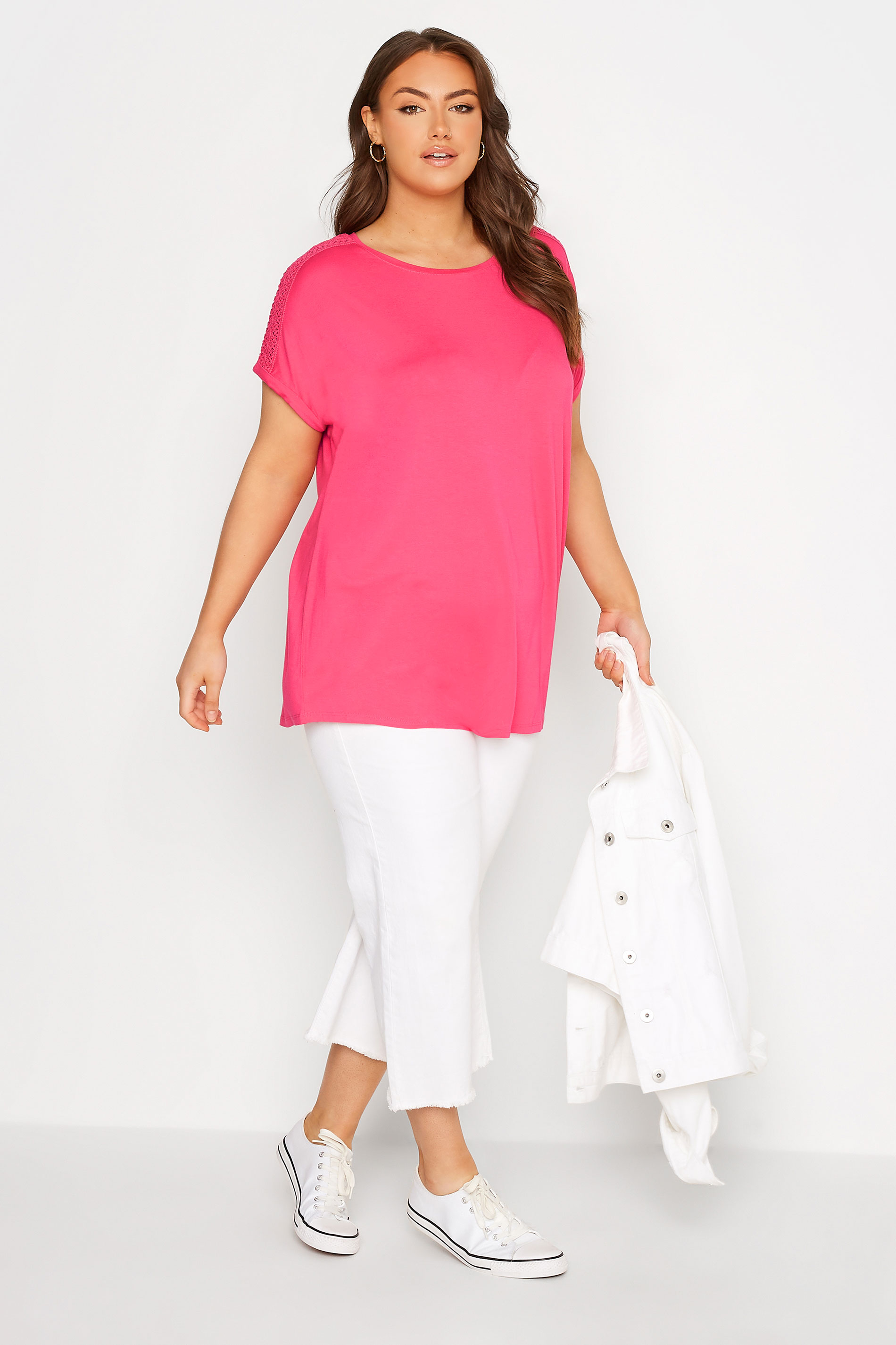 Plus Size Hot Pink Crochet Shoulder T-Shirt | Yours Clothing 2