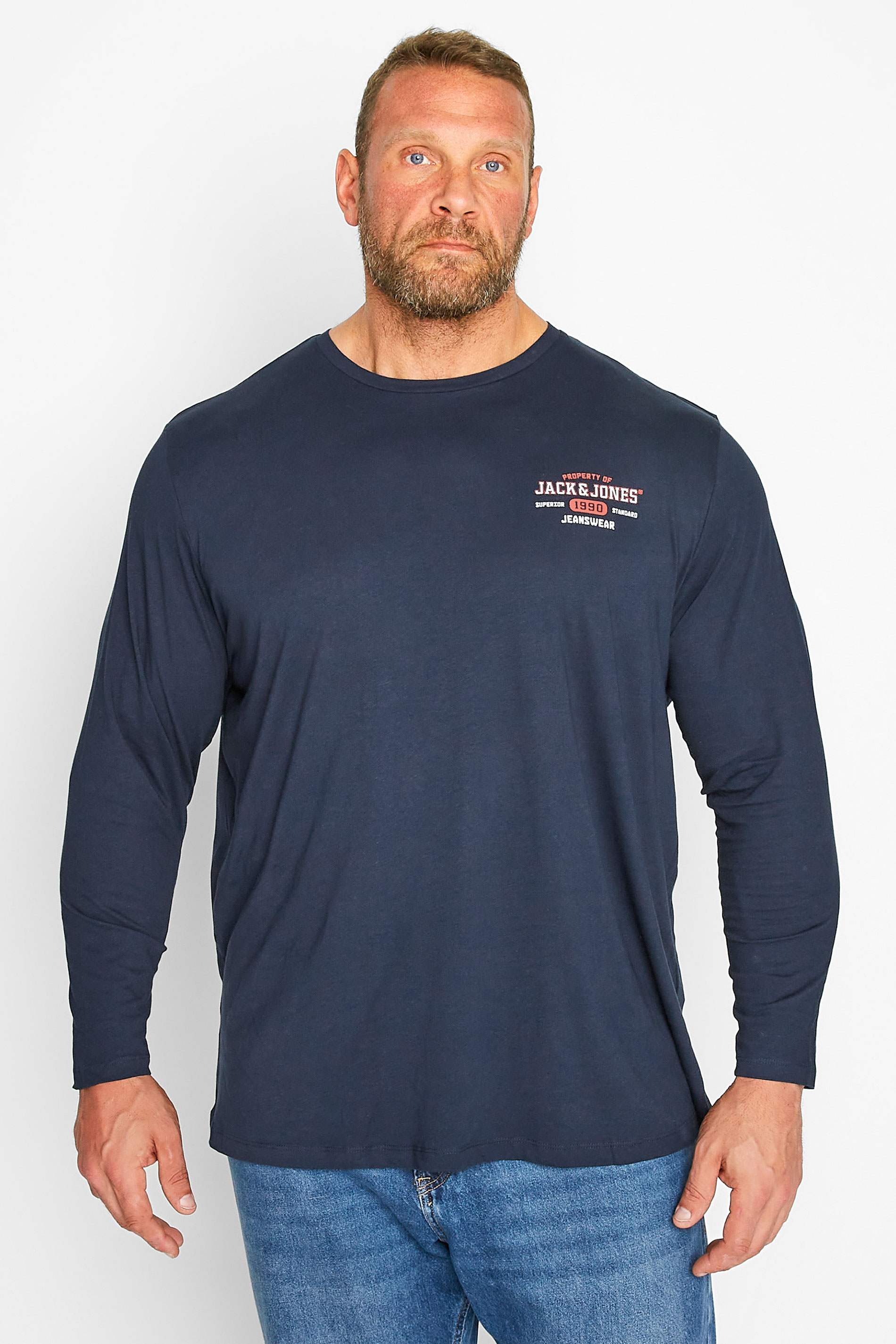 JACK & JONES Big & Tall Navy Blue Logo Long Sleeve T-Shirt | BadRhino 1