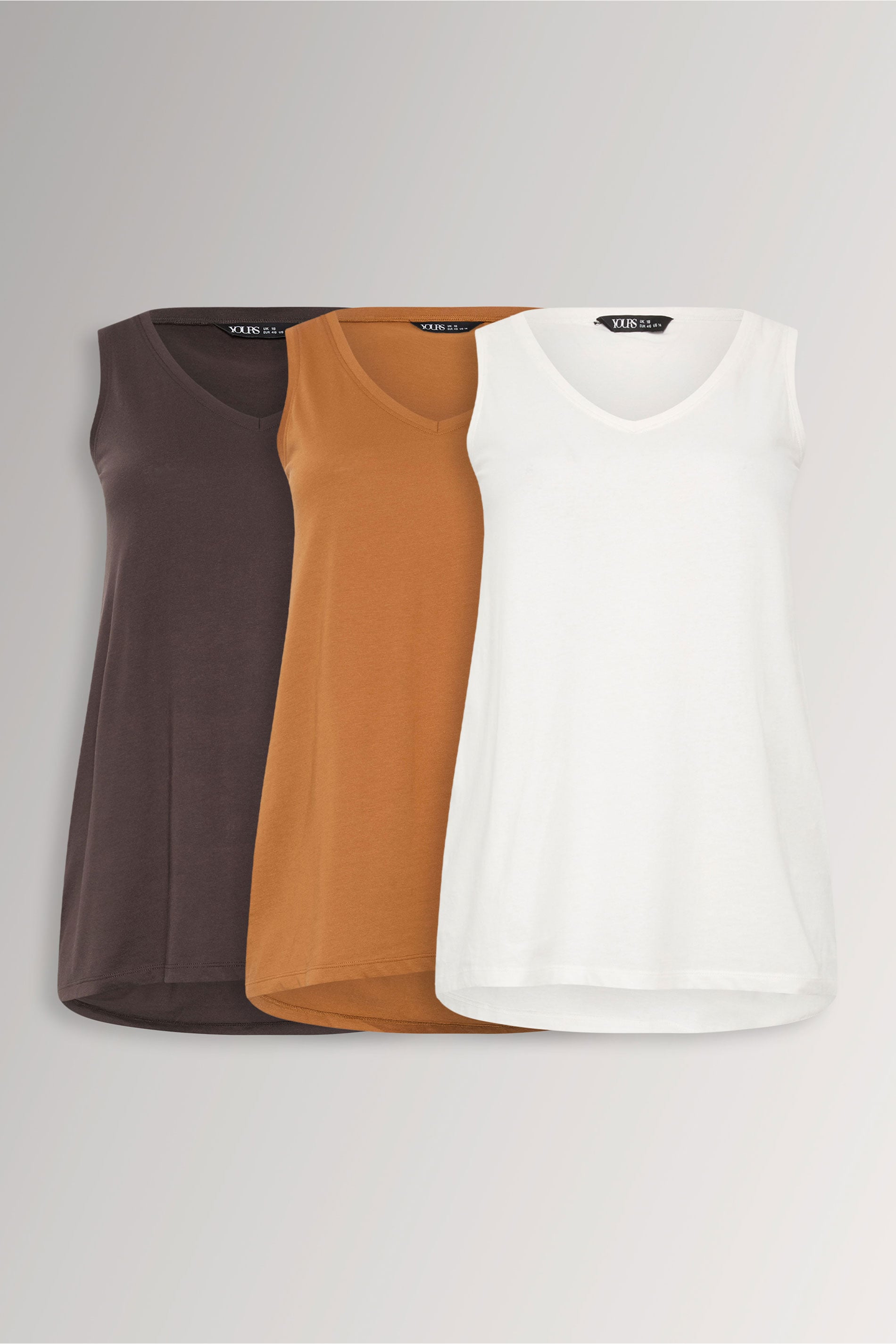 YOURS 3 PACK Plus Size Chocolate Brown & Rust Orange V-Neck Vest Tops | Yours Clothing 3