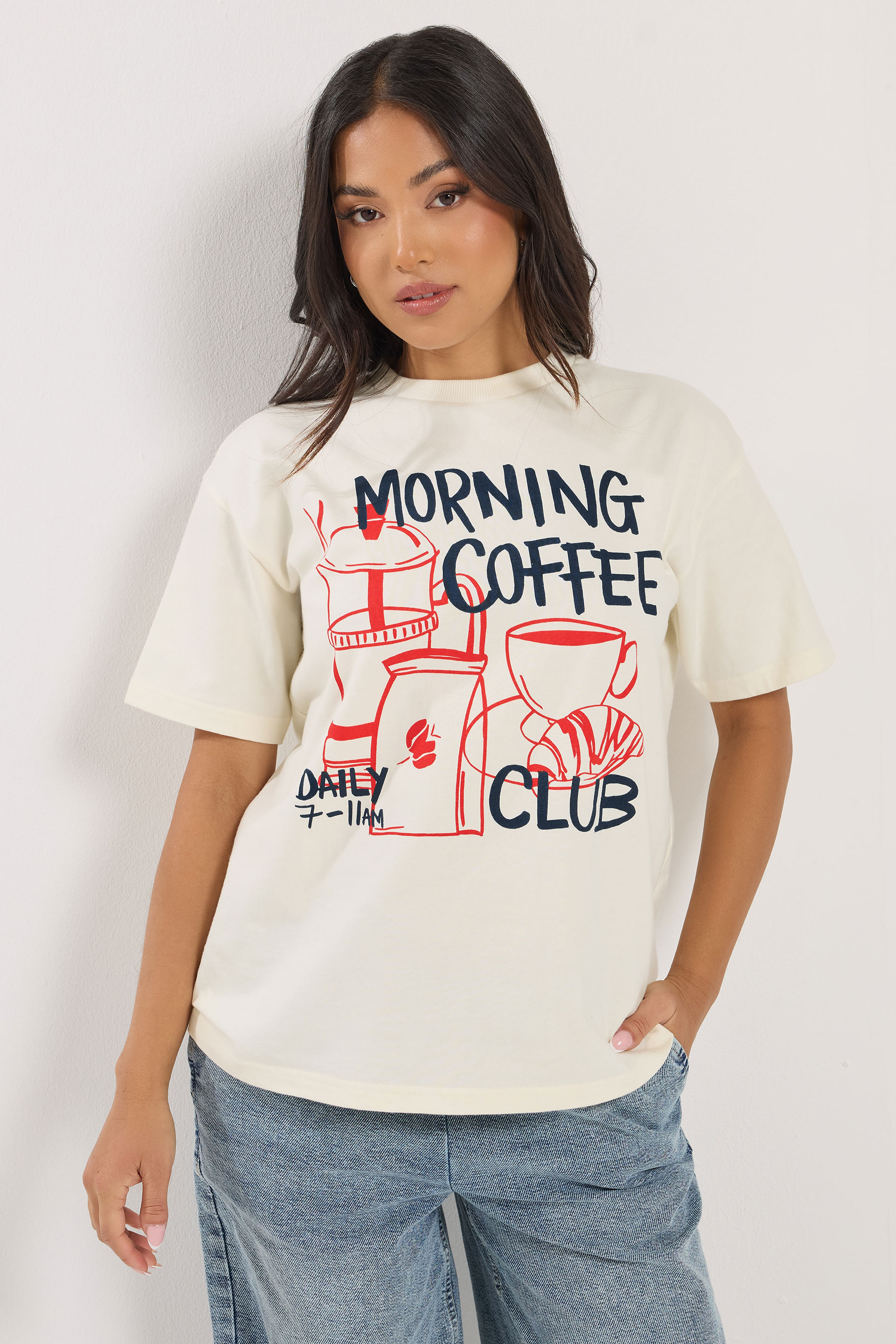 PixieGirl Petite Women's Cream 'Morning Coffee Club' Cotton Oversized T-Shirt | PixieGirl 1