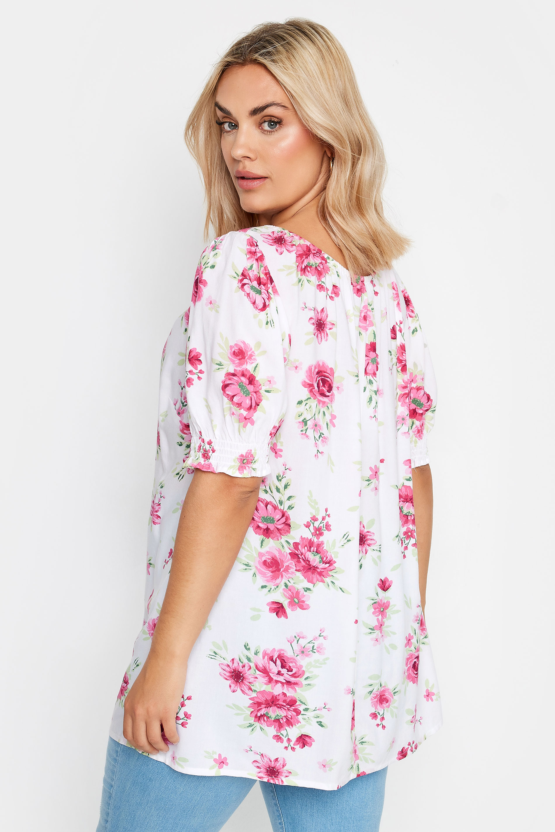 YOURS Plus Size White & Pink Floral Print Tie Neck Top | Yours Clothing 3